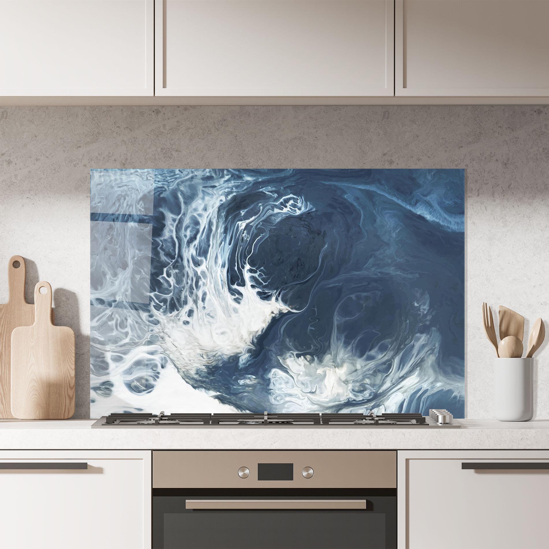 Küchenrückwand Glas Blue White Waves mockup 7