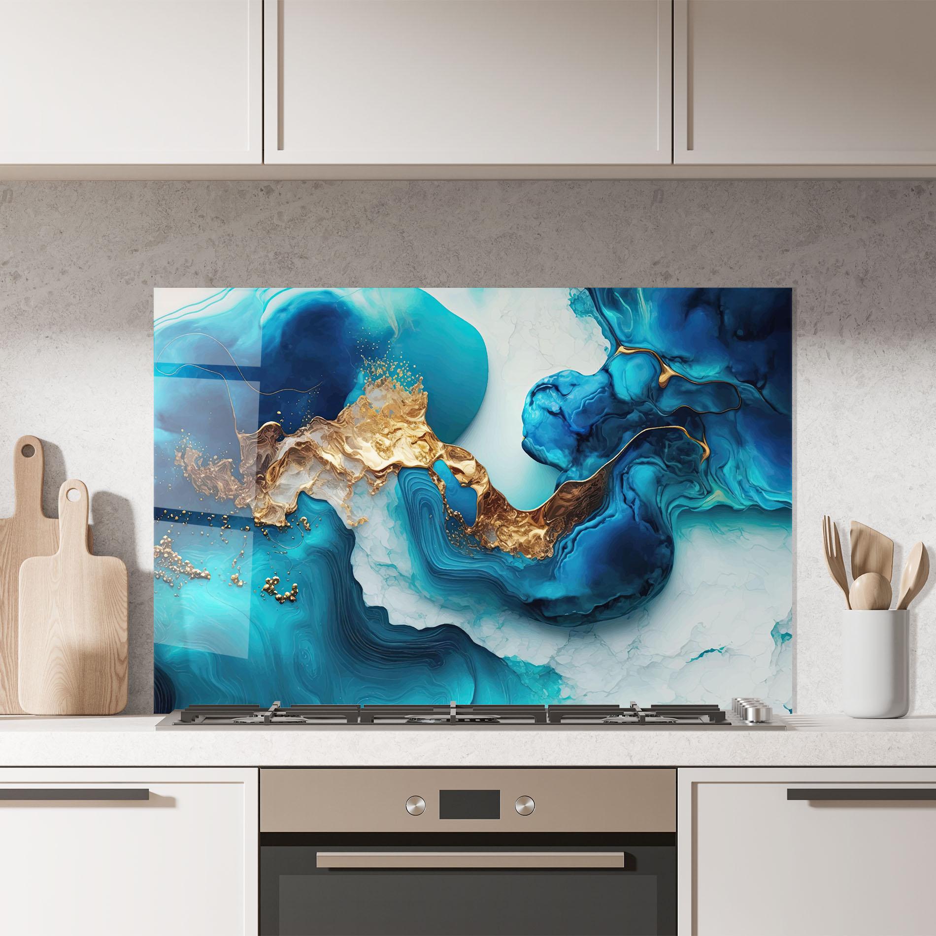 Küchenrückwand Glas Gold Blue Art Wave mockup 7