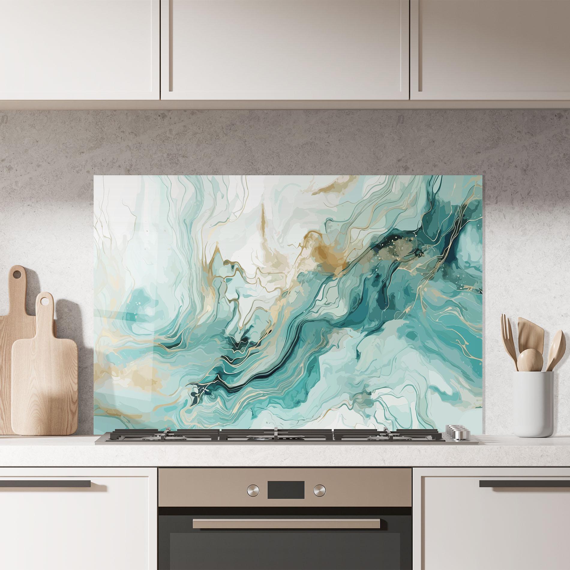 Küchenrückwand Glas Green Gold Water mockup 7