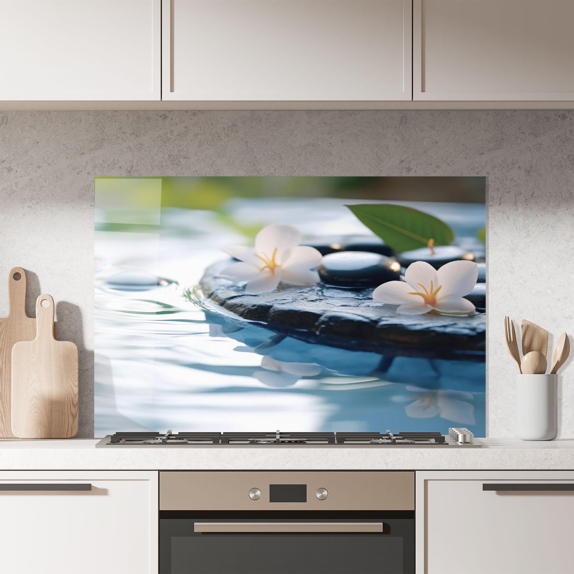 Küchenrückwand Glas Water White Flowers mockup 7