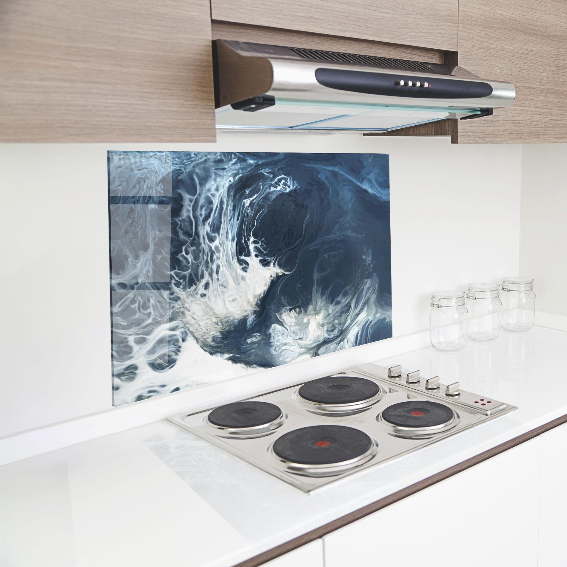 Küchenrückwand Glas Blue White Waves mockup 8
