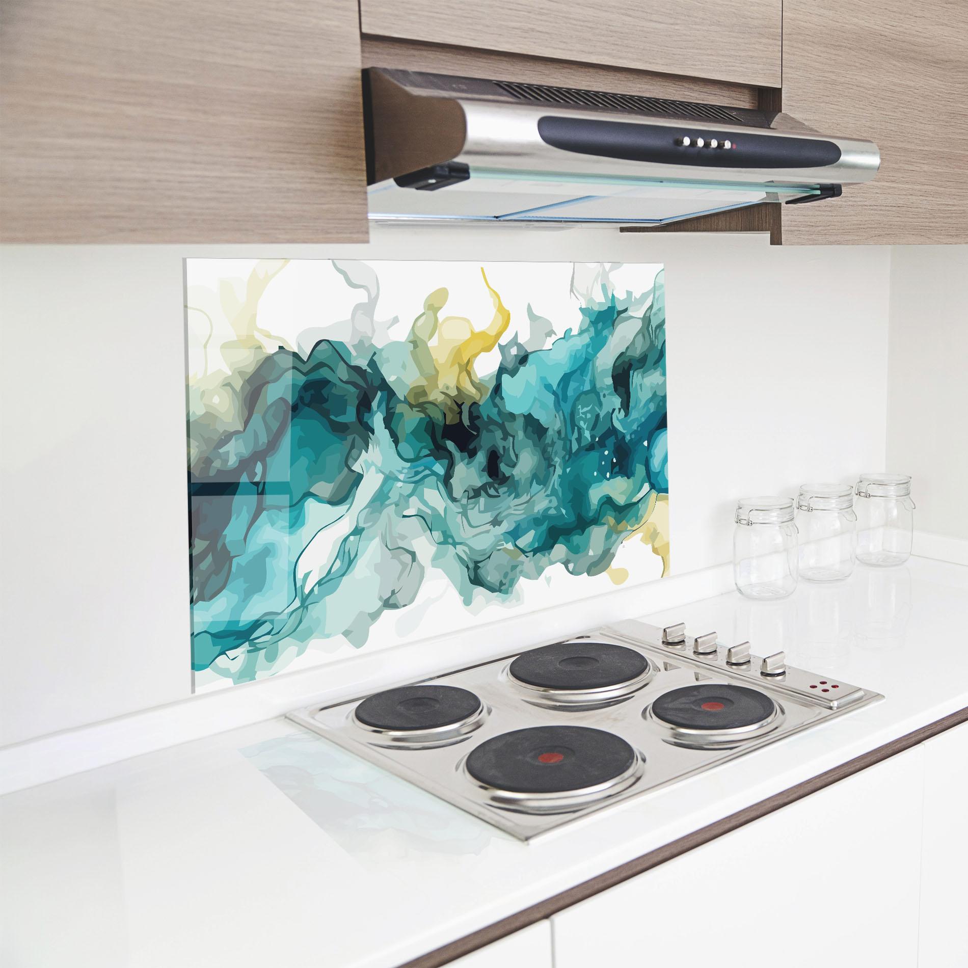 Küchenrückwand Glas Blue Yellow Art mockup 8