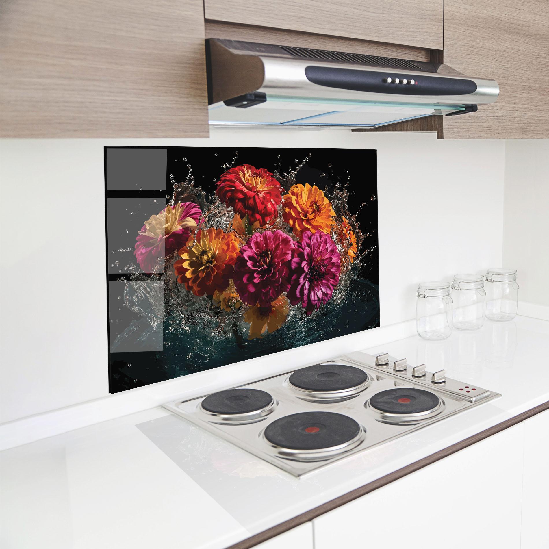 Küchenrückwand Glas Flower Water Splash mockup 8