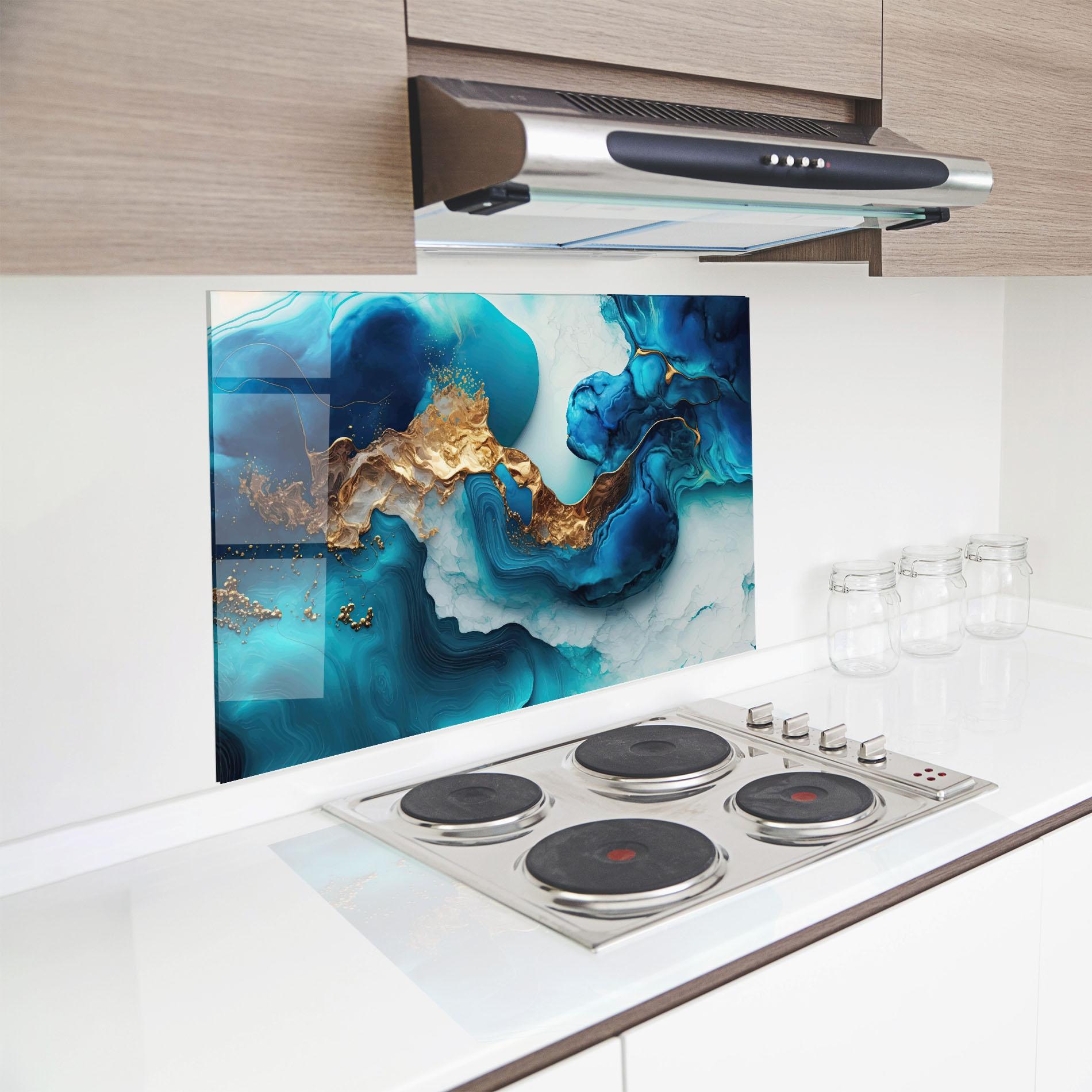 Küchenrückwand Glas Gold Blue Art Wave mockup 8