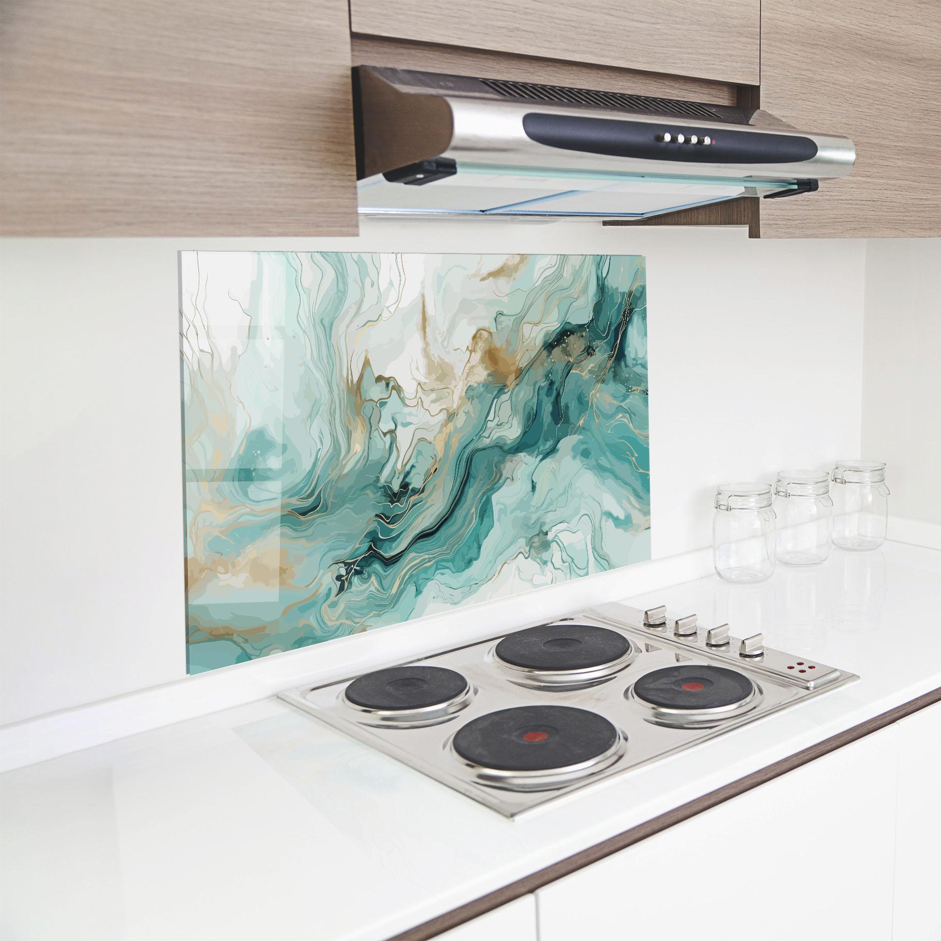 Küchenrückwand Glas Green Gold Water mockup 8