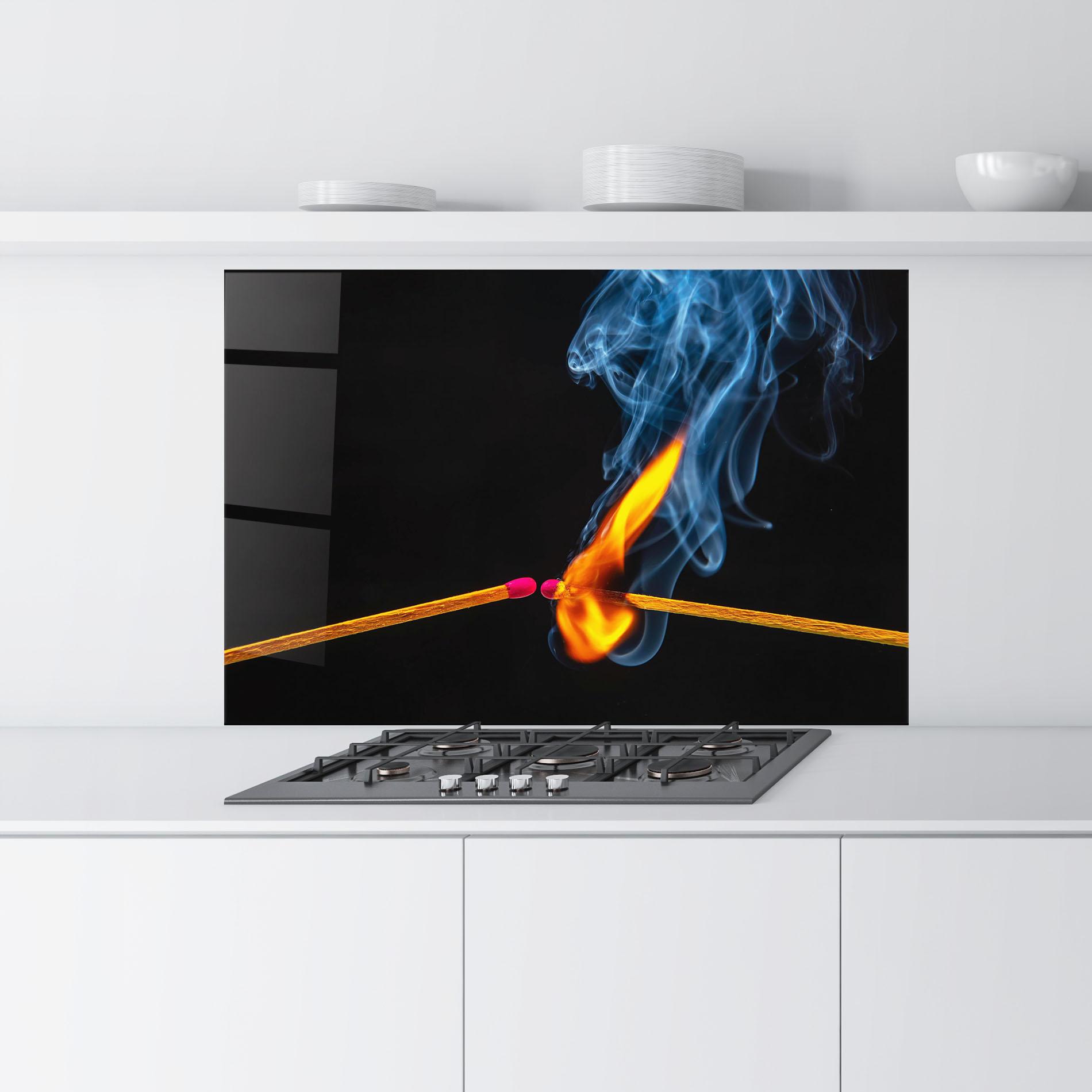Küchenrückwand Glas Burning Smoking Match mockup 9