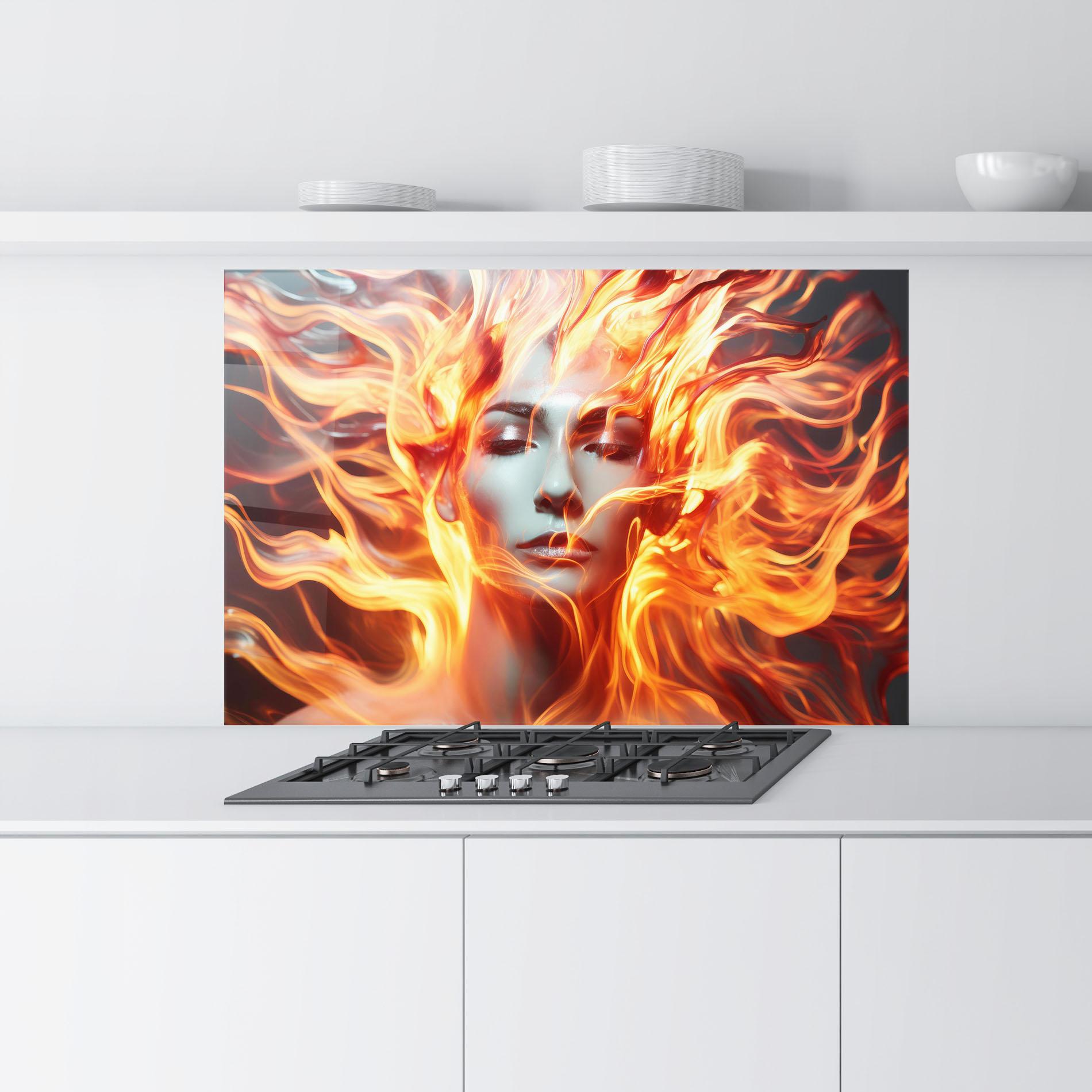Küchenrückwand Glas Fire Hair mockup 9