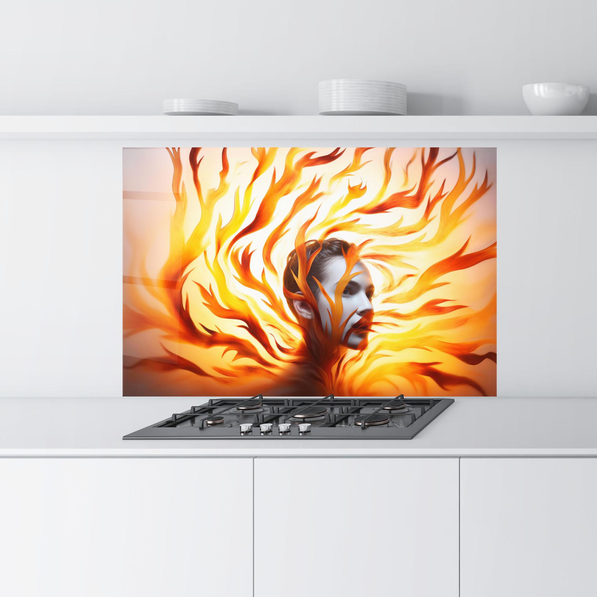 Küchenrückwand Glas Fire Woman mockup 9