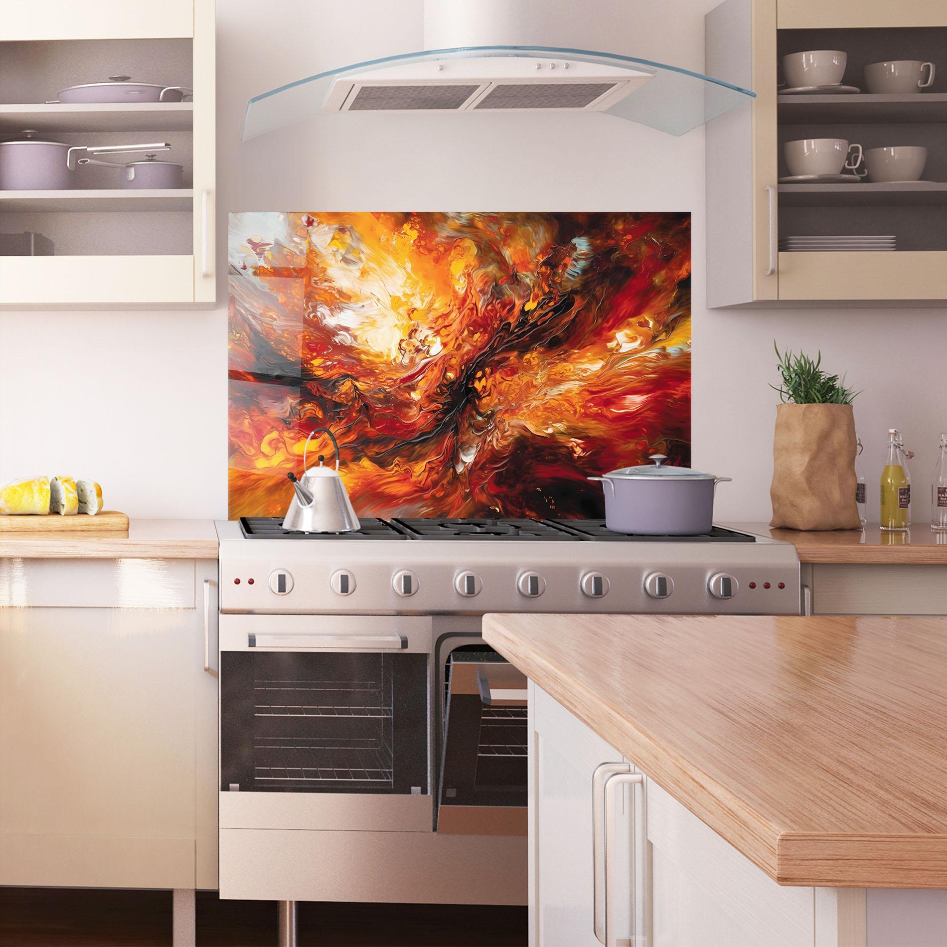 Küchenrückwand Glas Fiery Red Orange Art mockup 1