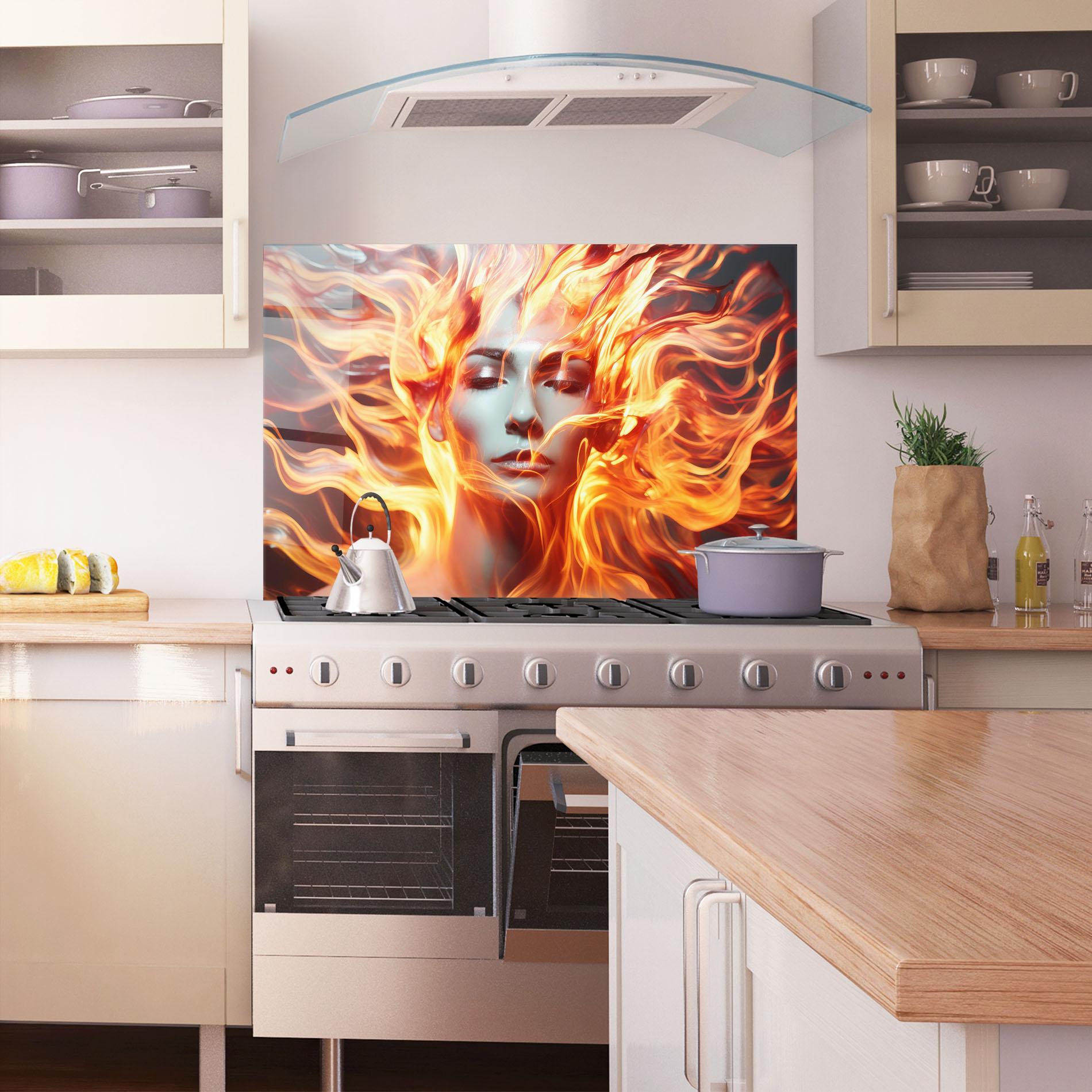 Küchenrückwand Glas Fire Hair mockup 1