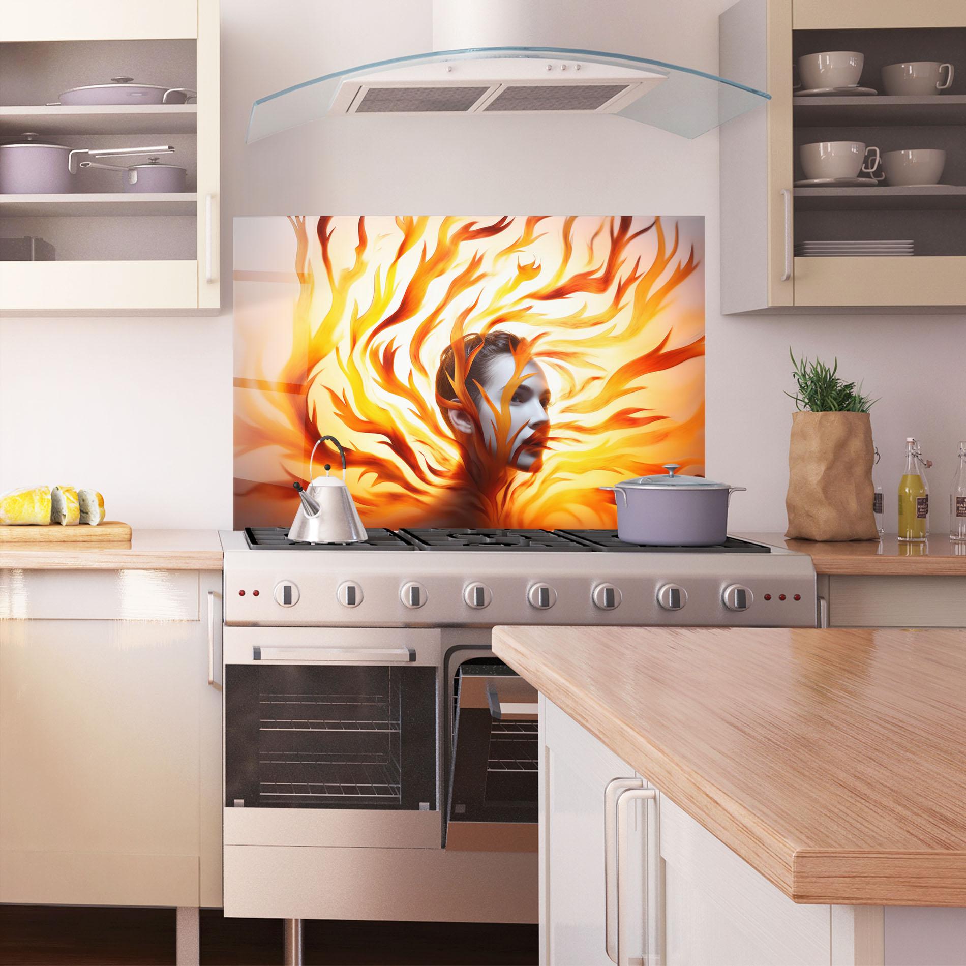 Küchenrückwand Glas Fire Woman mockup 1