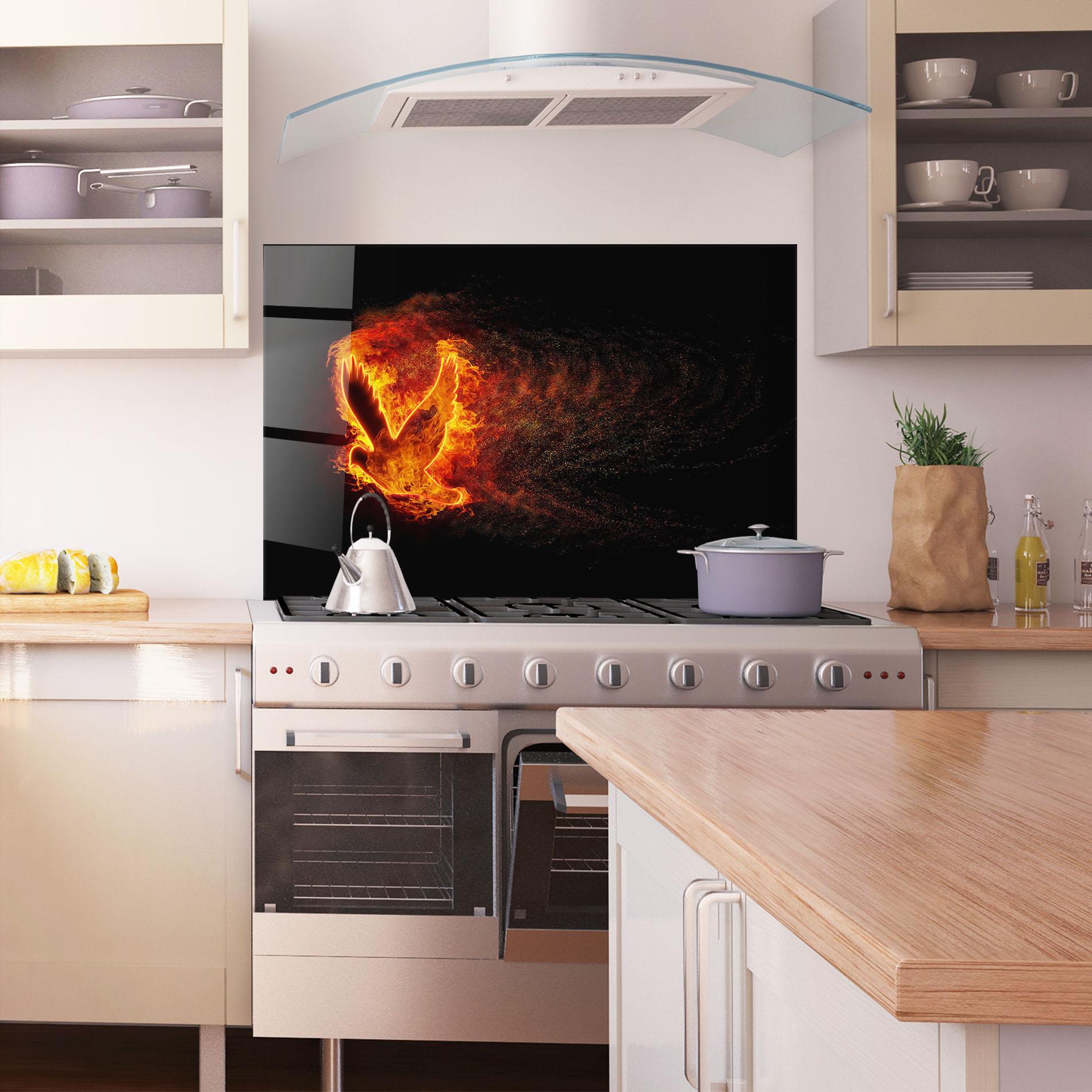 Küchenrückwand Glas Flames Bird mockup 1