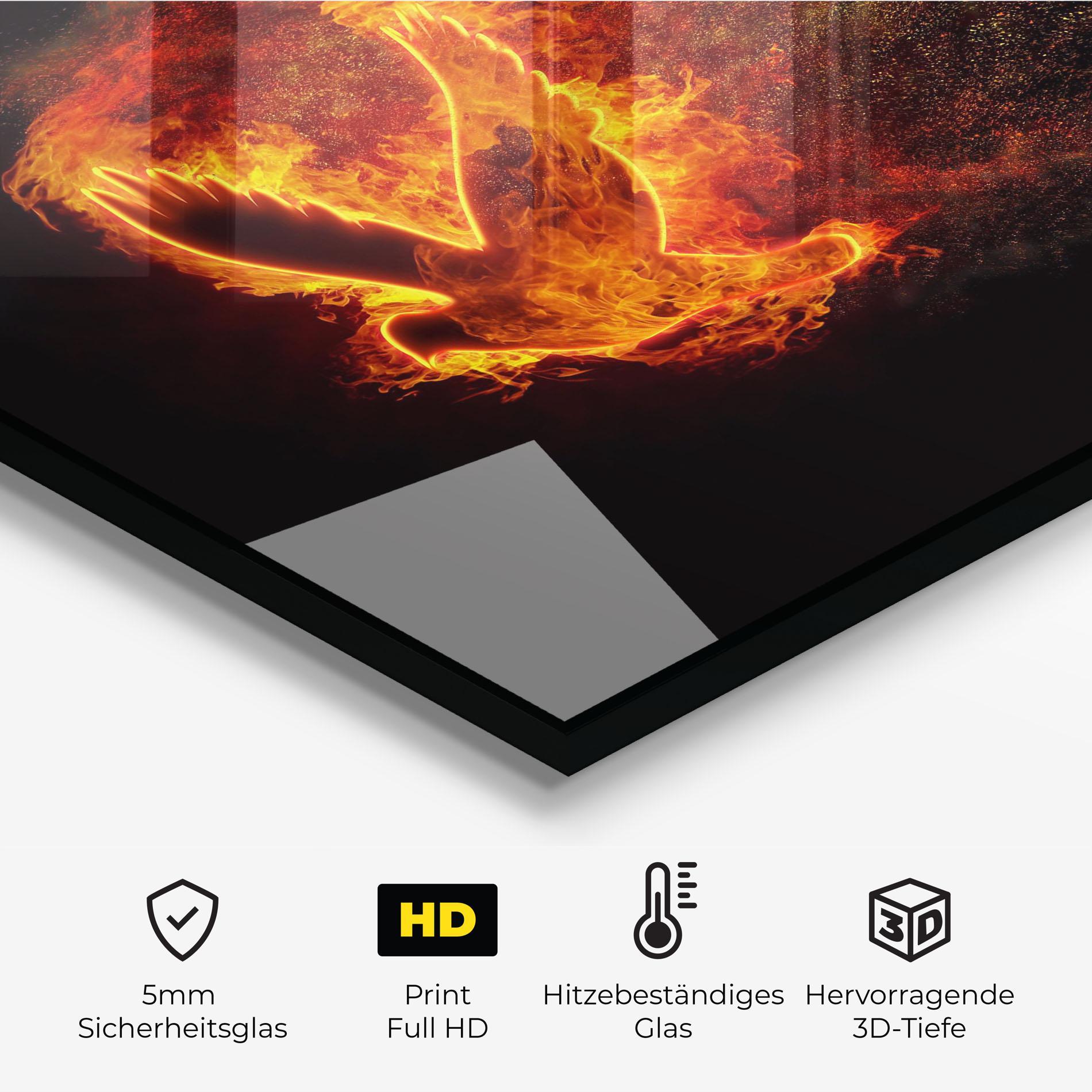 Küchenrückwand Glas Flames Bird mockup 2