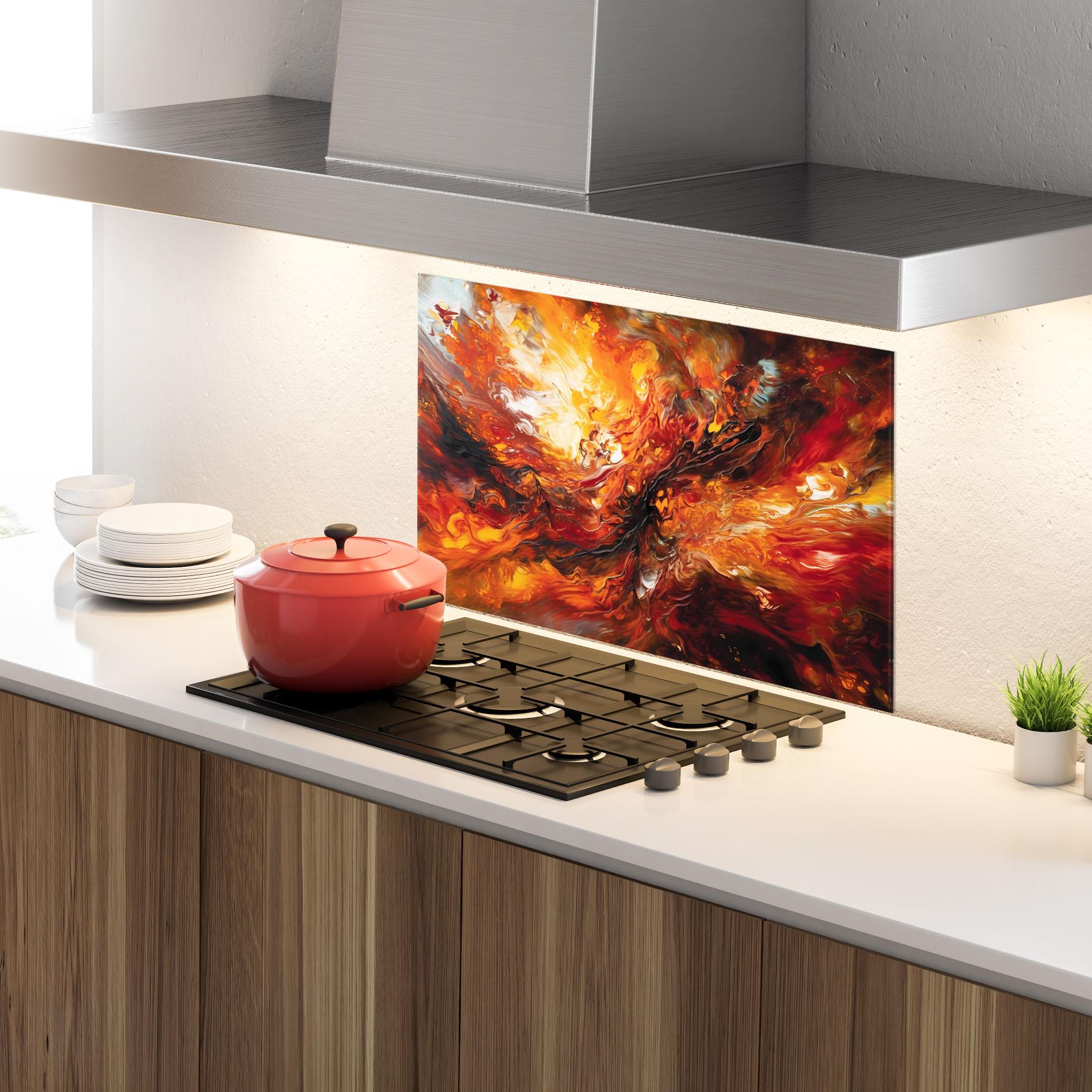 Küchenrückwand Glas Fiery Red Orange Art mockup 4
