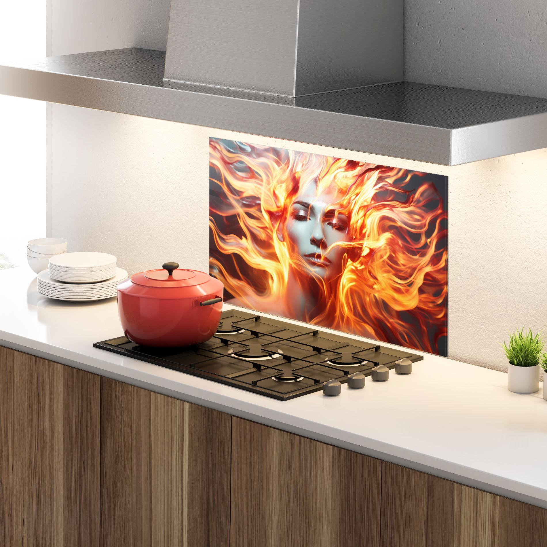 Küchenrückwand Glas Fire Hair mockup 4