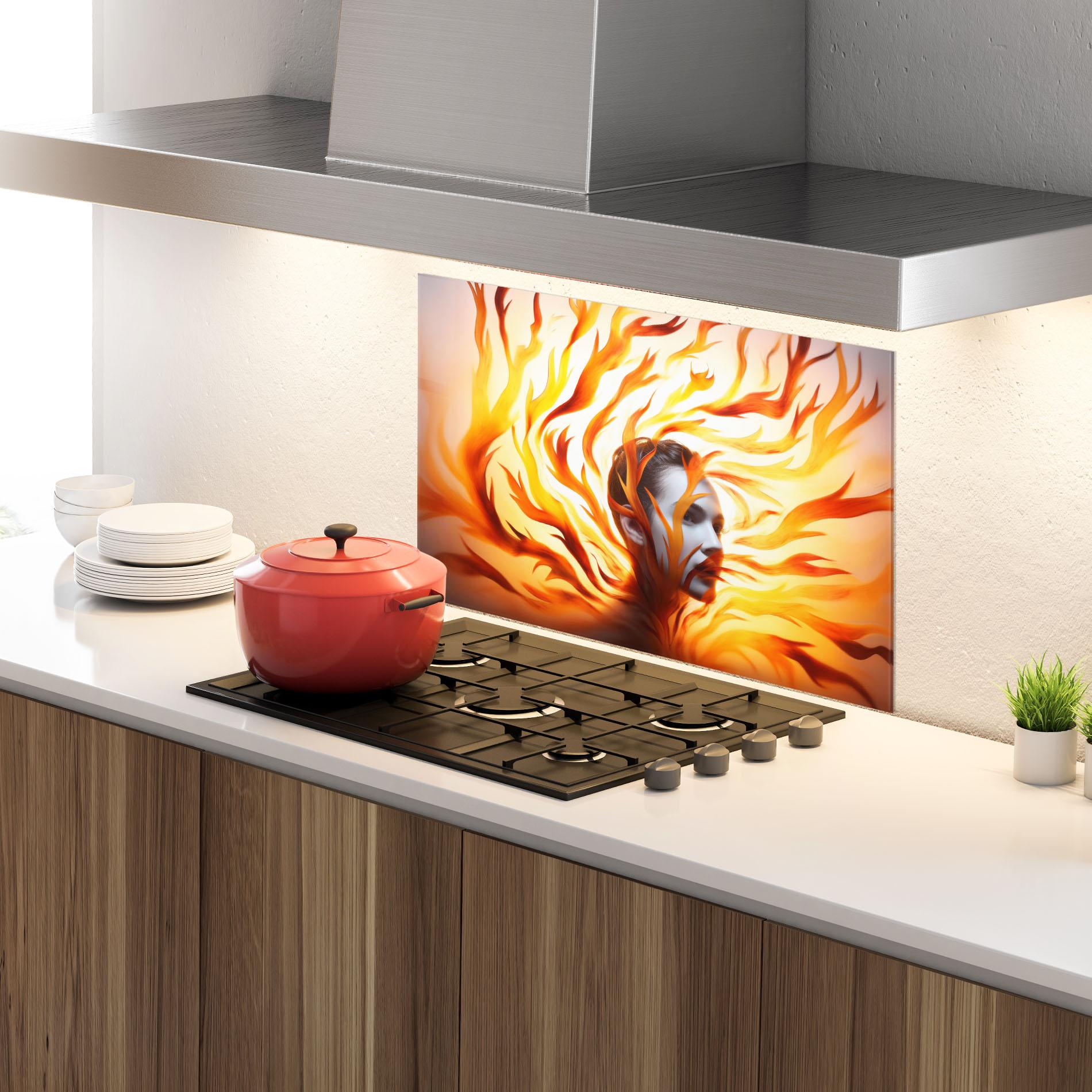 Küchenrückwand Glas Fire Woman mockup 4