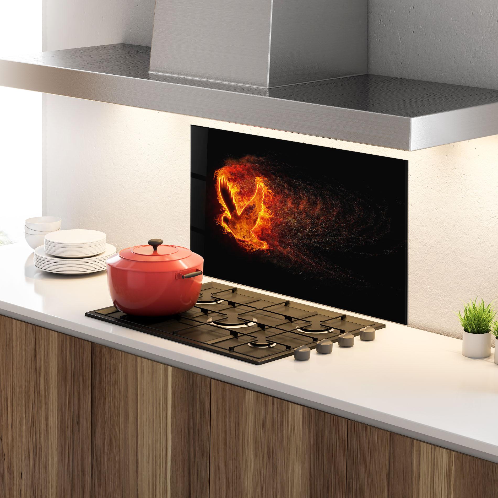 Küchenrückwand Glas Flames Bird mockup 4