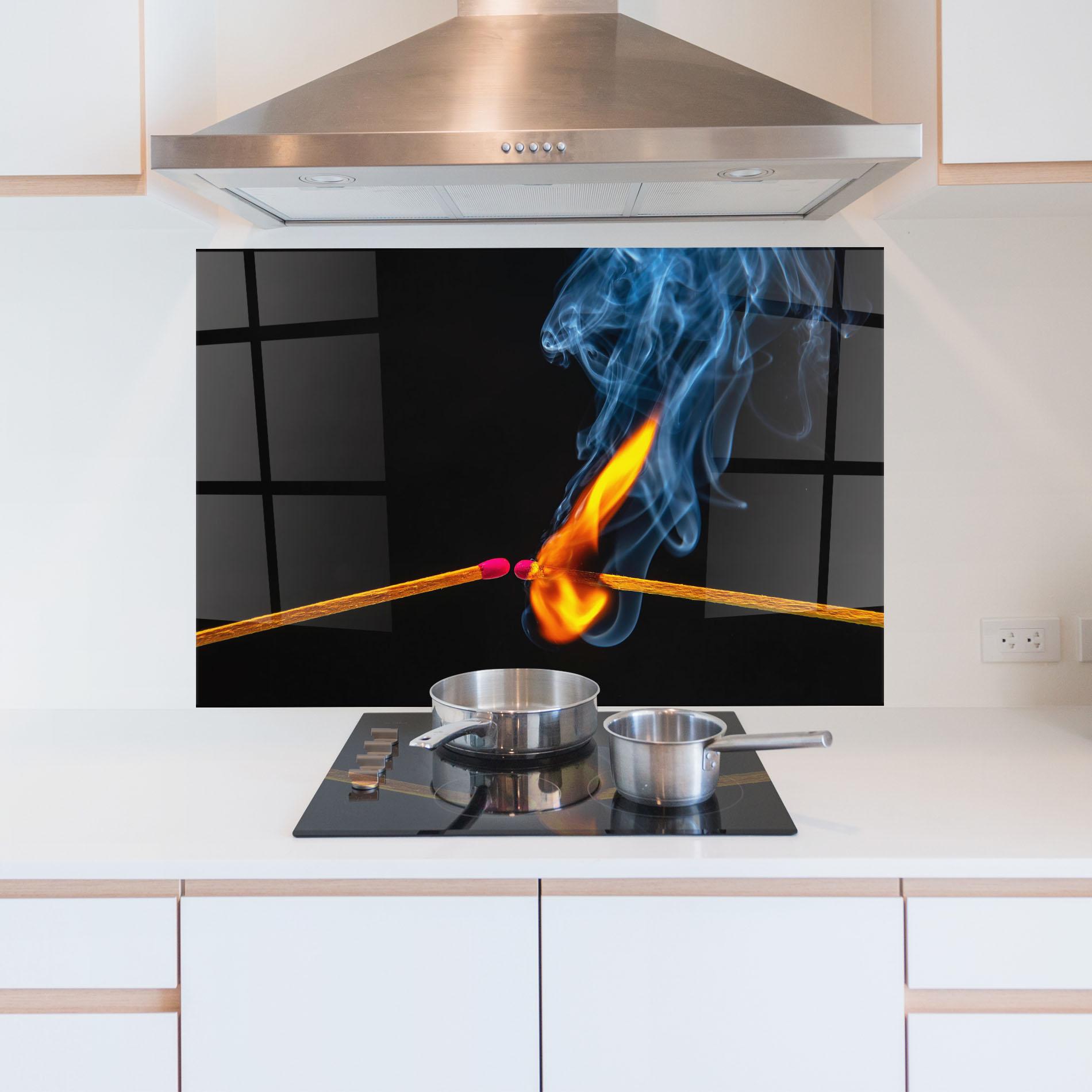 Küchenrückwand Glas Burning Smoking Match mockup 5