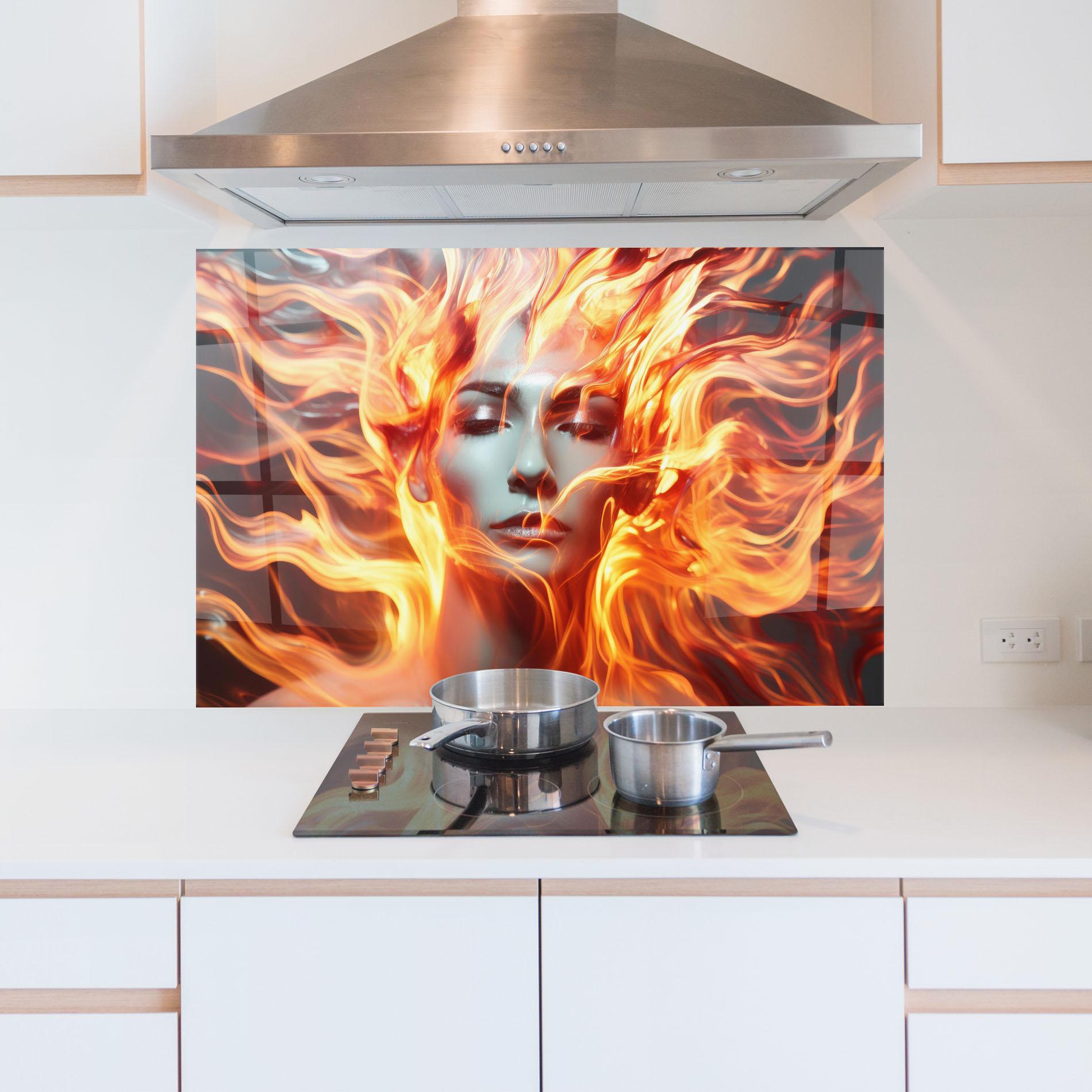 Küchenrückwand Glas Fire Hair mockup 5