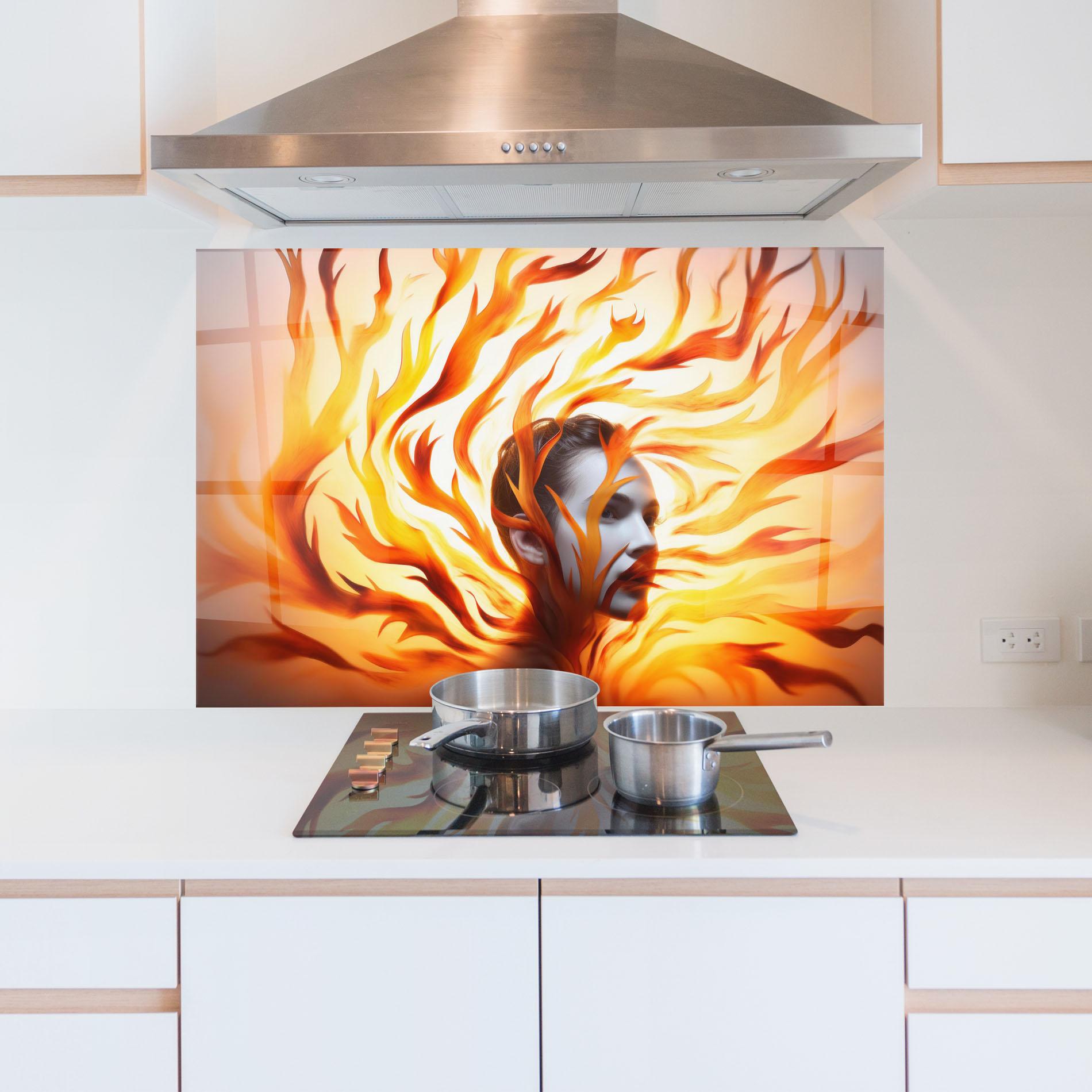 Küchenrückwand Glas Fire Woman mockup 5