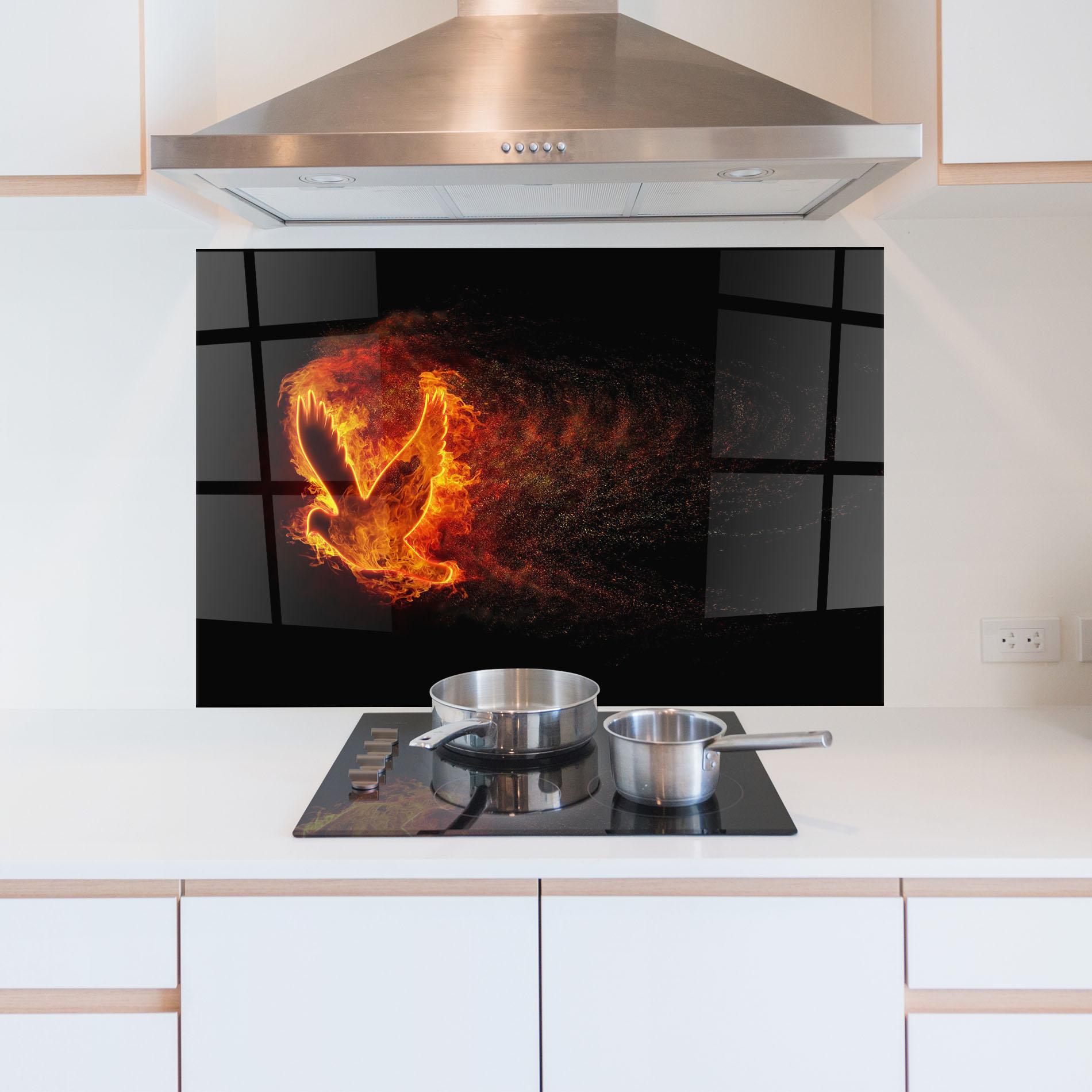 Küchenrückwand Glas Flames Bird mockup 5