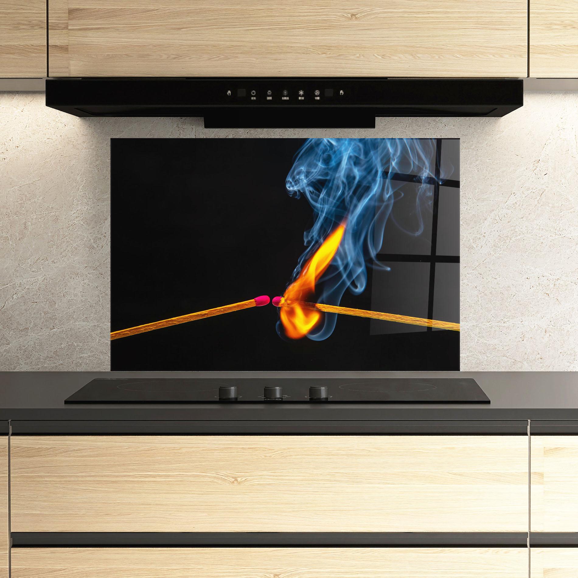 Küchenrückwand Glas Burning Smoking Match mockup 3