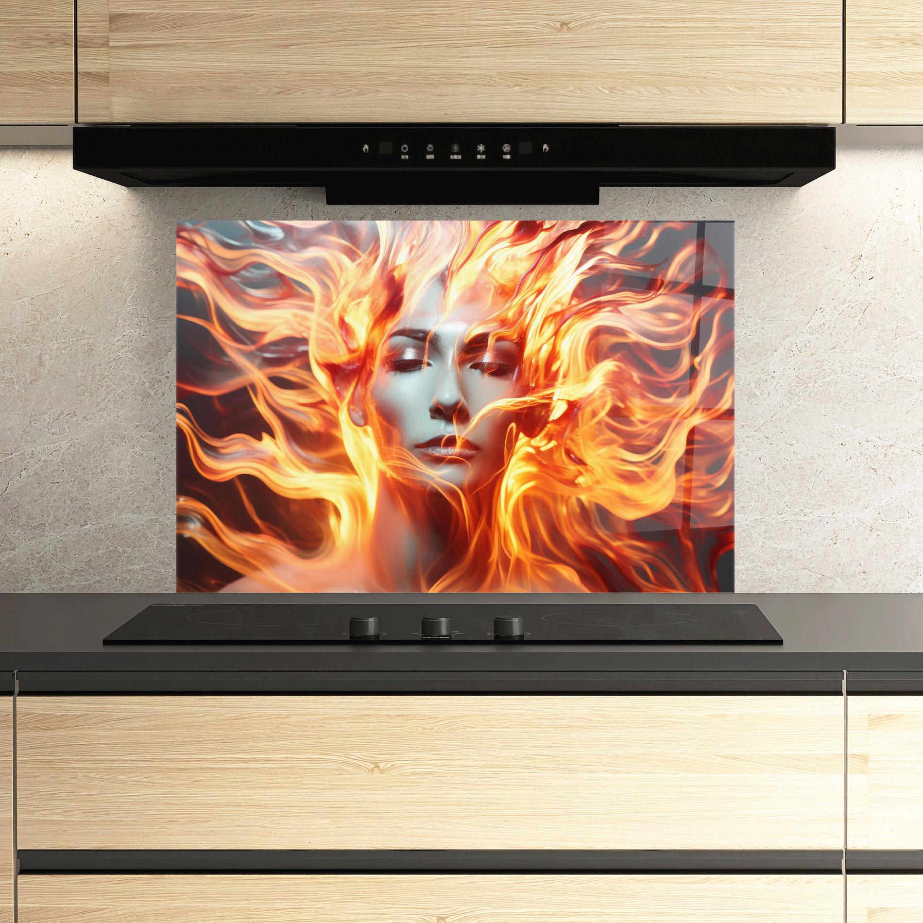 Küchenrückwand Glas Fire Hair mockup 3
