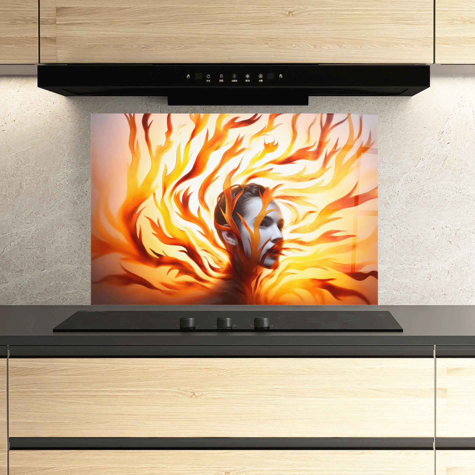 Küchenrückwand Glas Fire Woman mockup 3