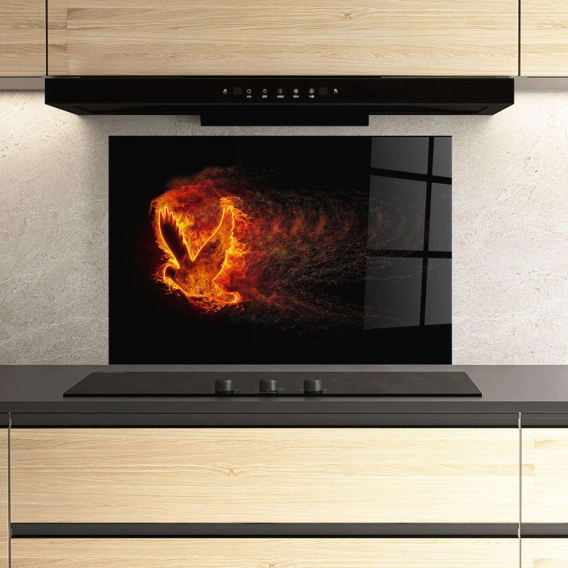 Küchenrückwand Glas Flames Bird mockup 3