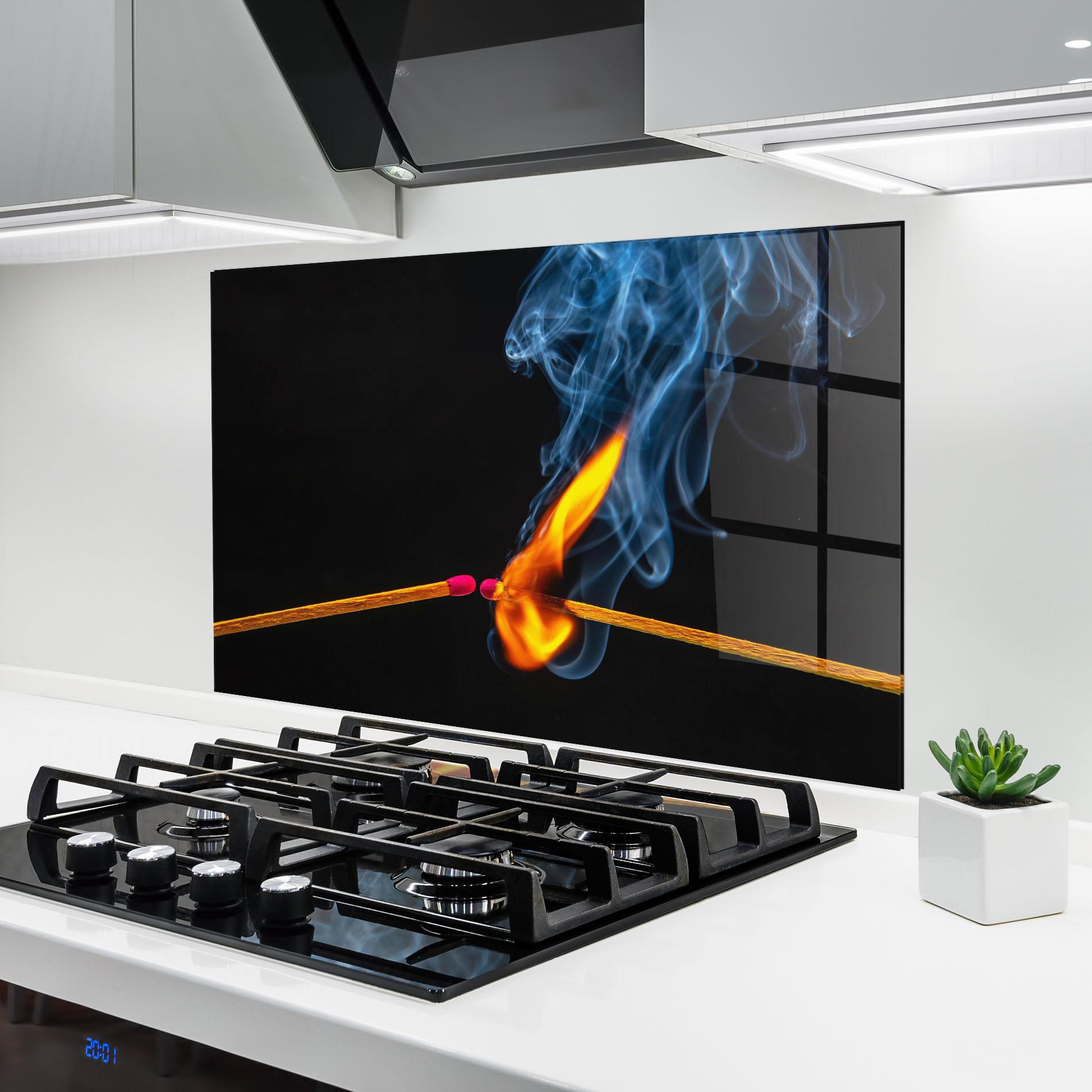 Küchenrückwand Glas Burning Smoking Match mockup 6