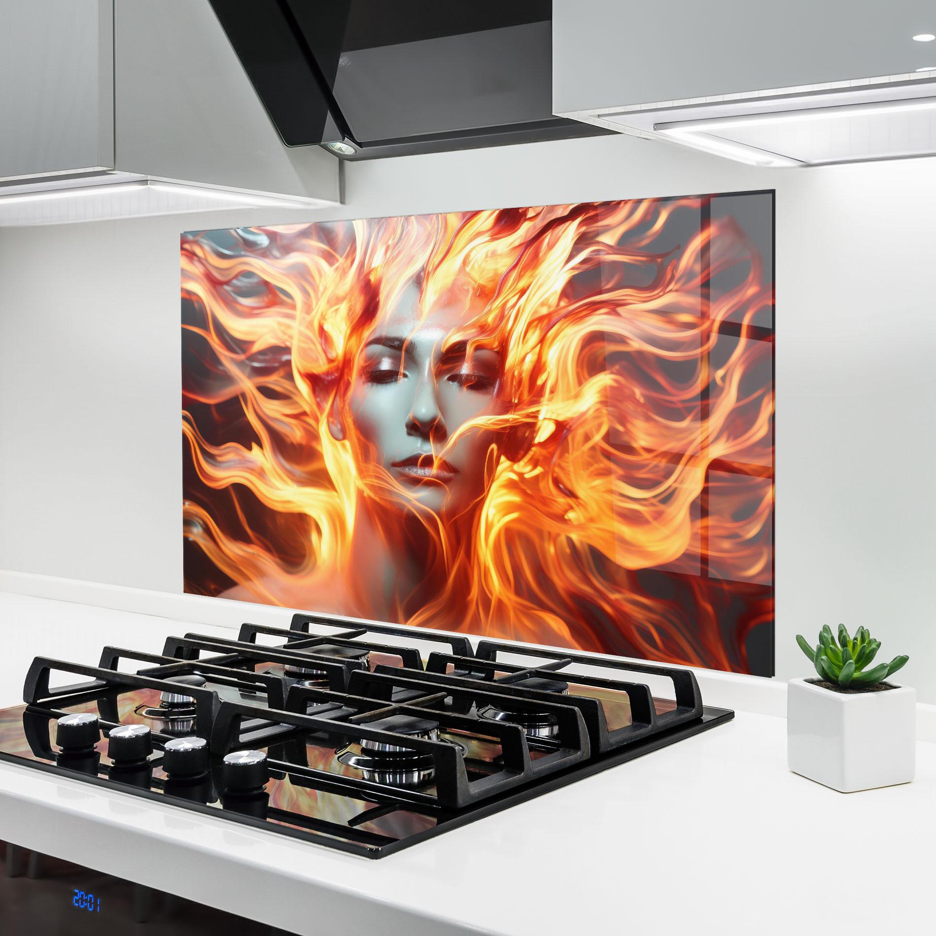 Küchenrückwand Glas Fire Hair mockup 6