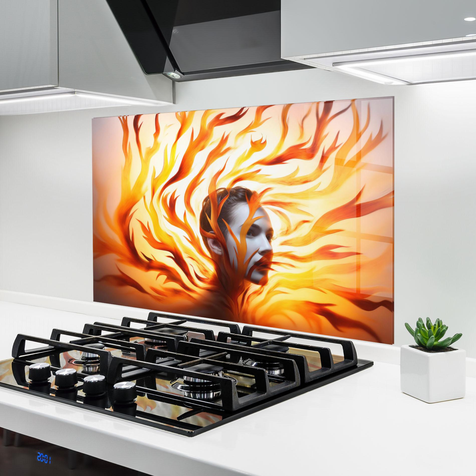 Küchenrückwand Glas Fire Woman mockup 6