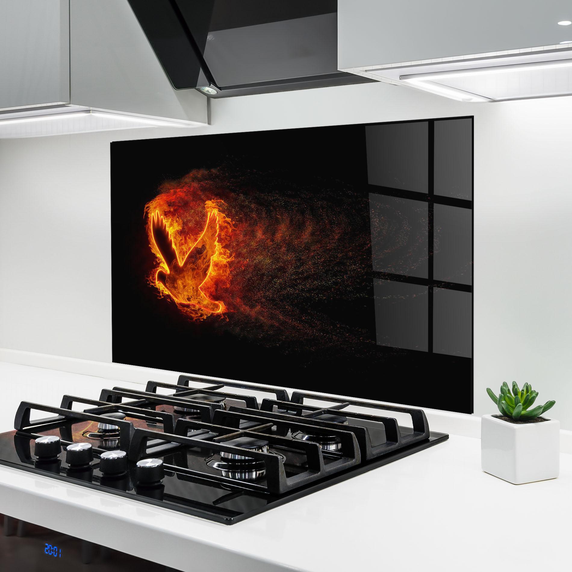 Küchenrückwand Glas Flames Bird mockup 6