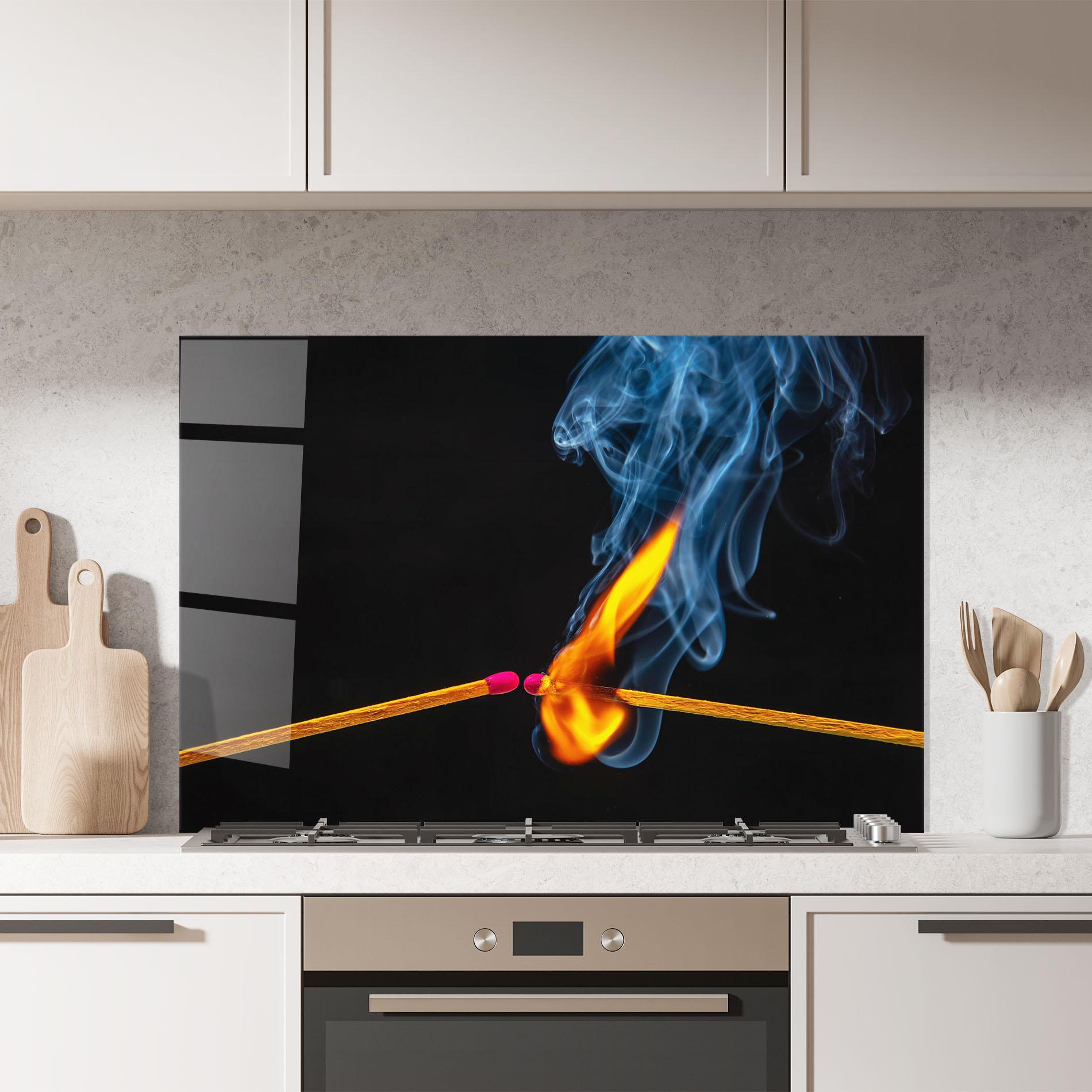Küchenrückwand Glas Burning Smoking Match mockup 7