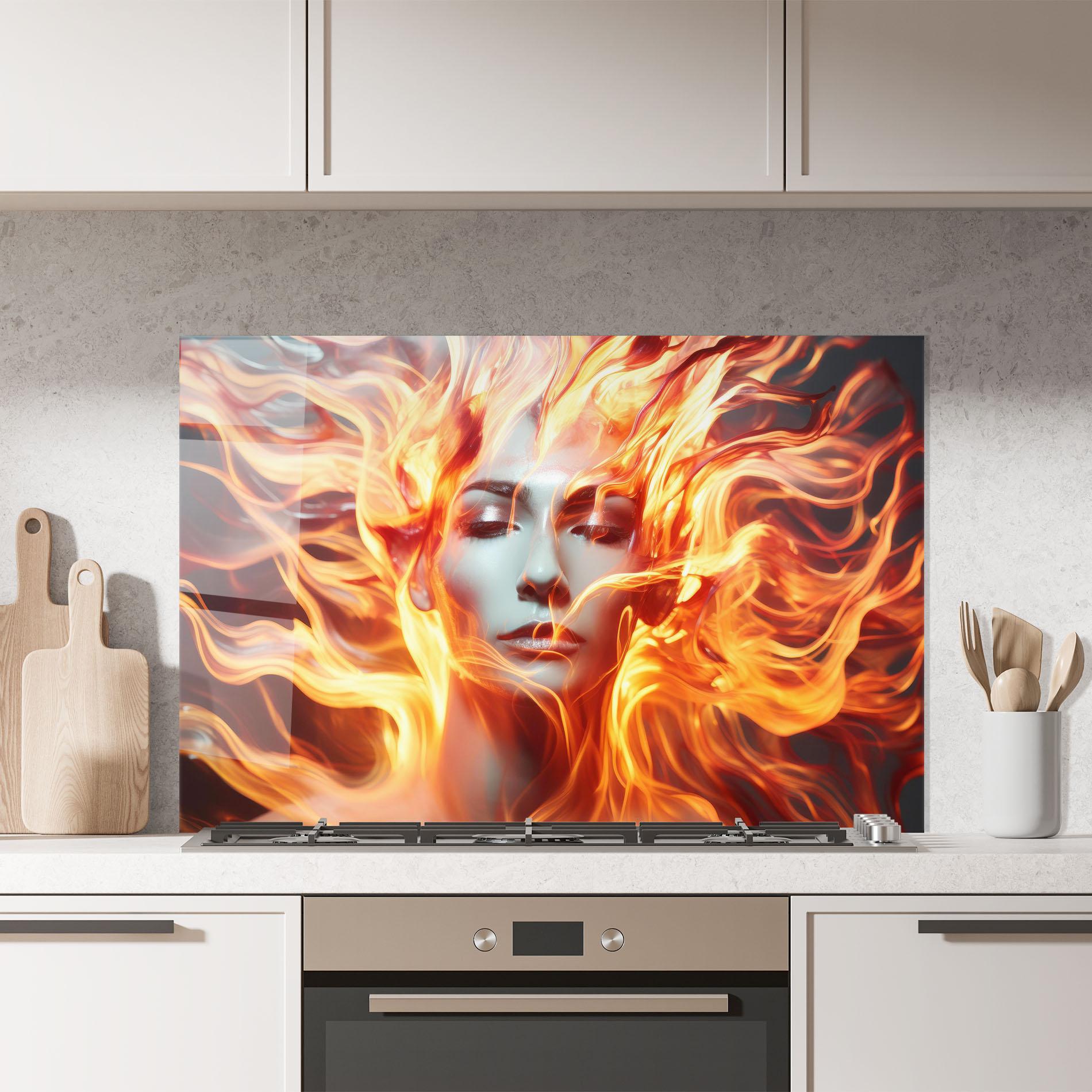Küchenrückwand Glas Fire Hair mockup 7