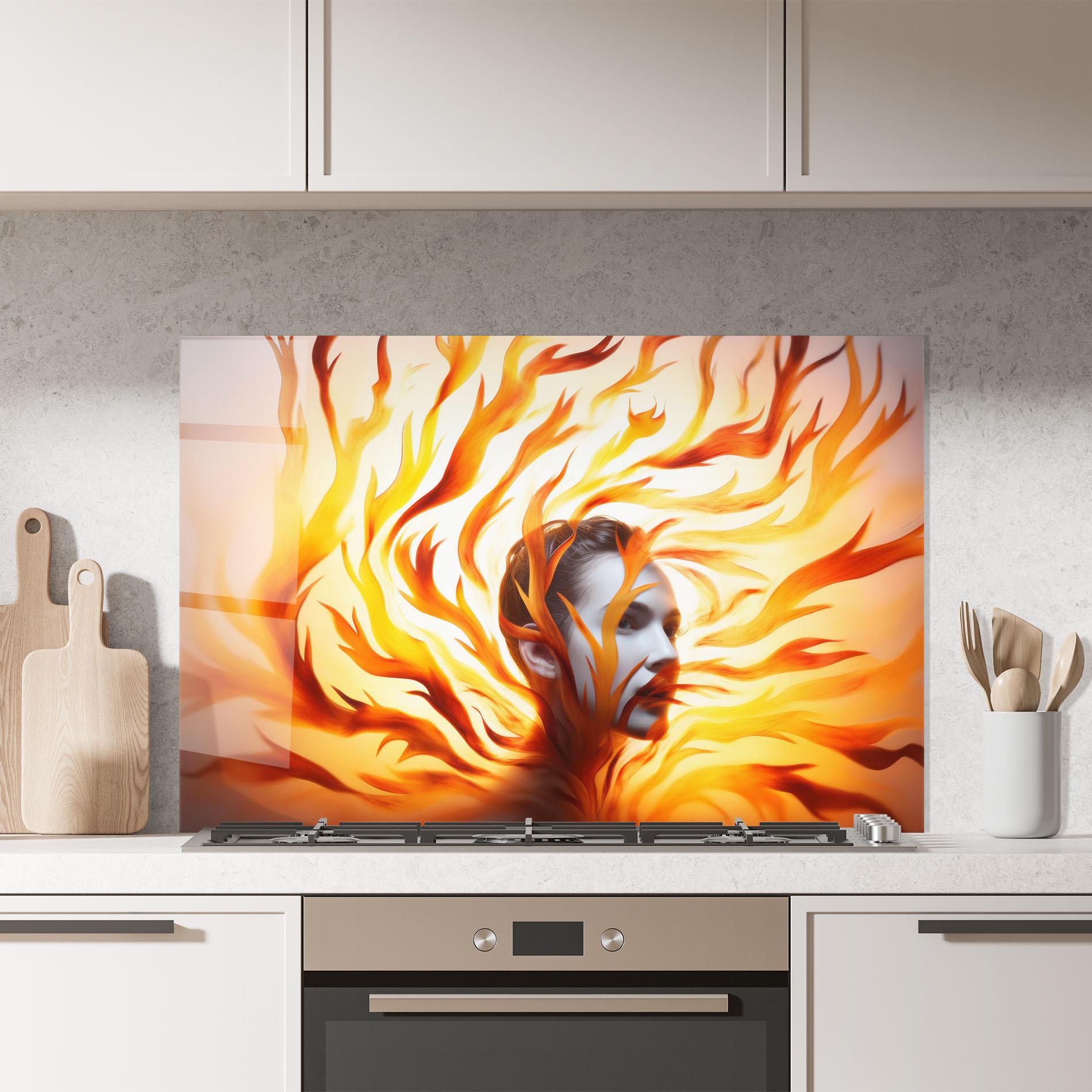 Küchenrückwand Glas Fire Woman mockup 7