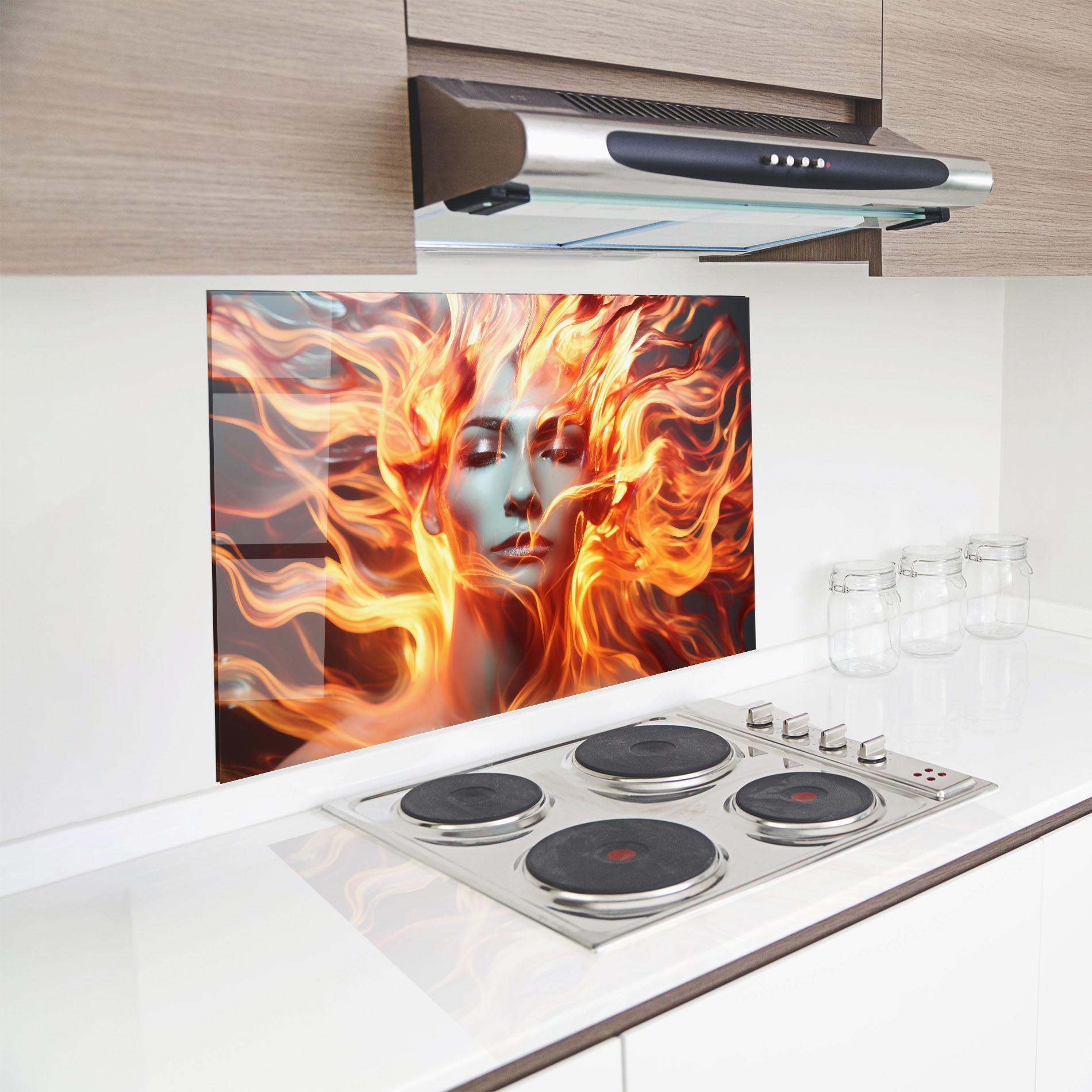 Küchenrückwand Glas Fire Hair mockup 8