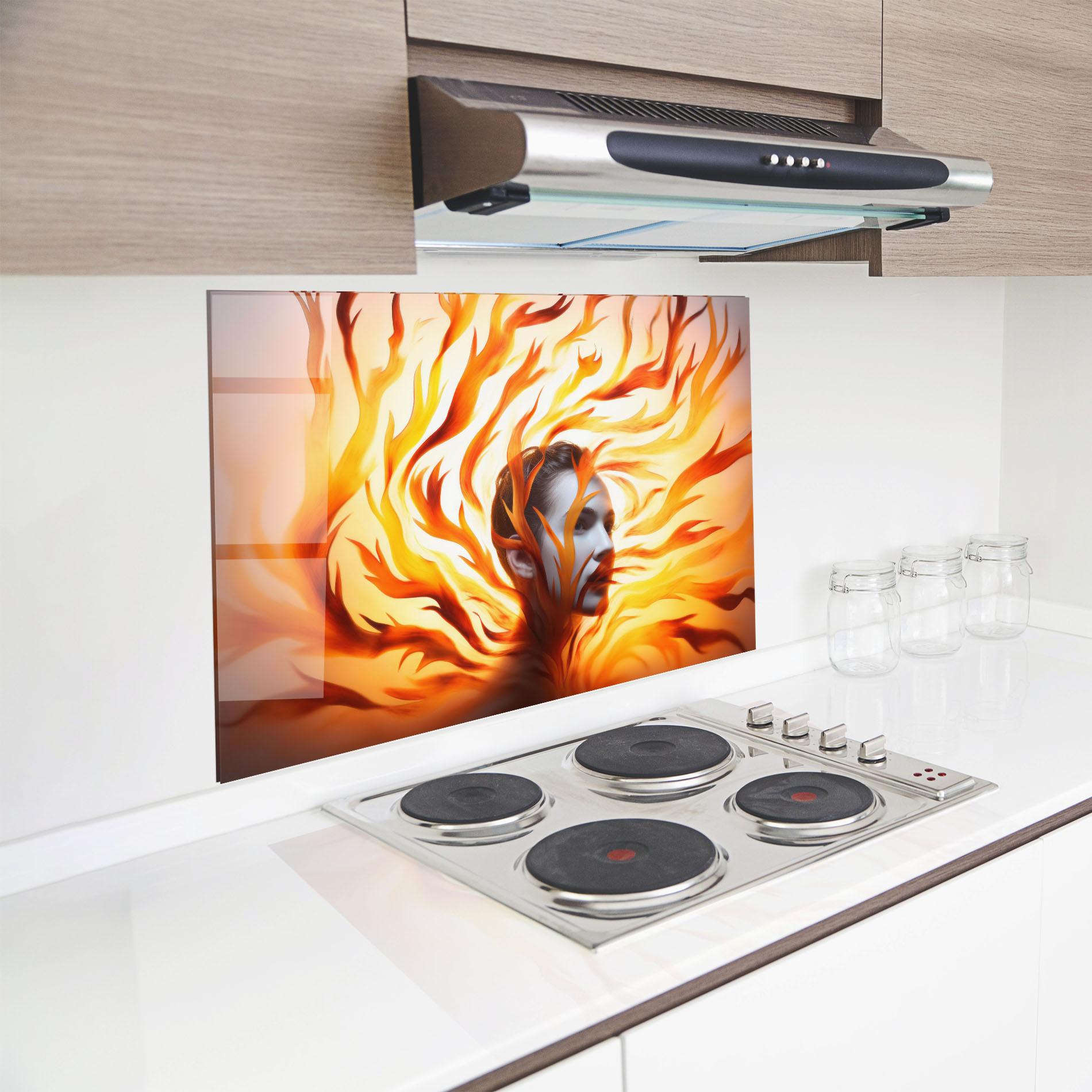 Küchenrückwand Glas Fire Woman mockup 8