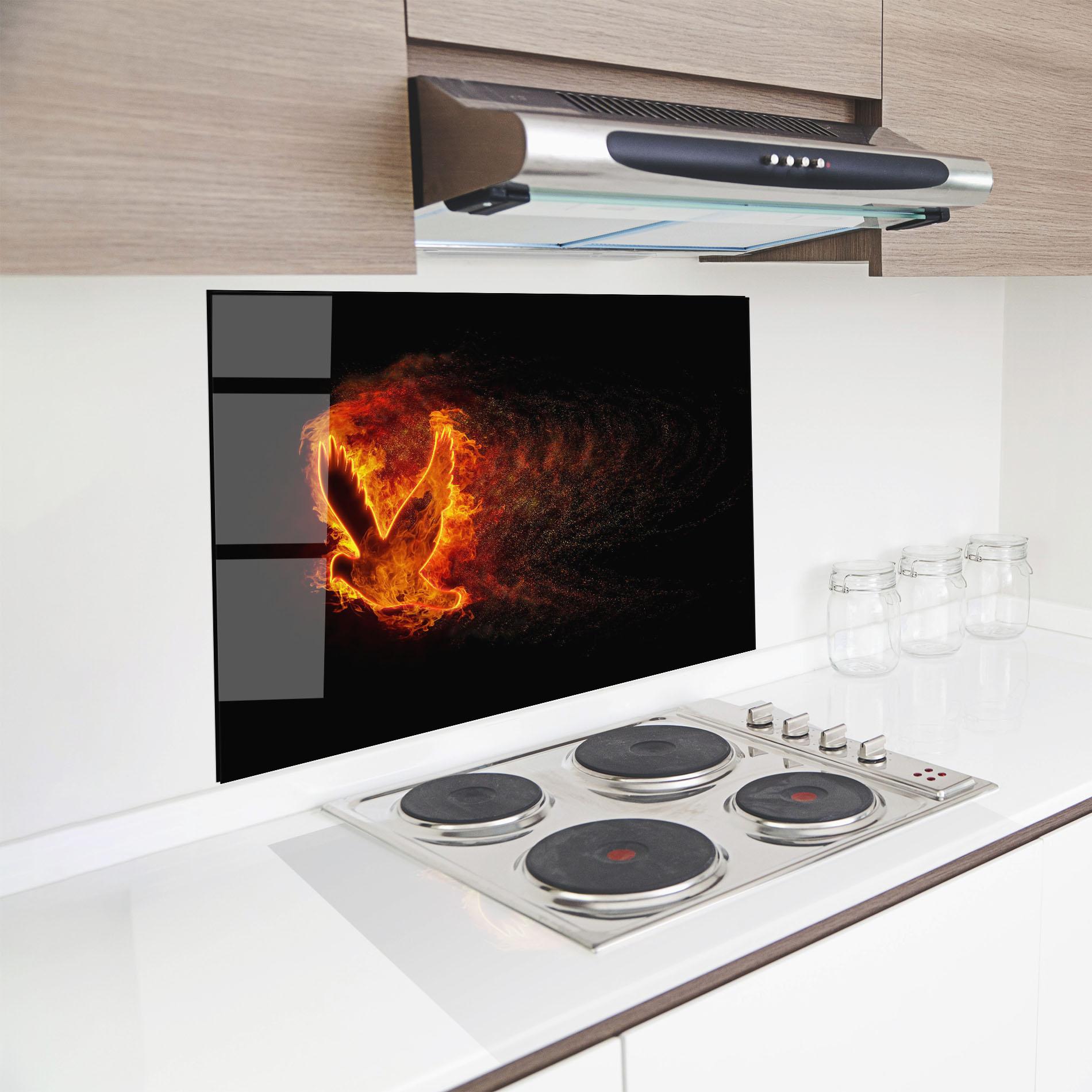 Küchenrückwand Glas Flames Bird mockup 8