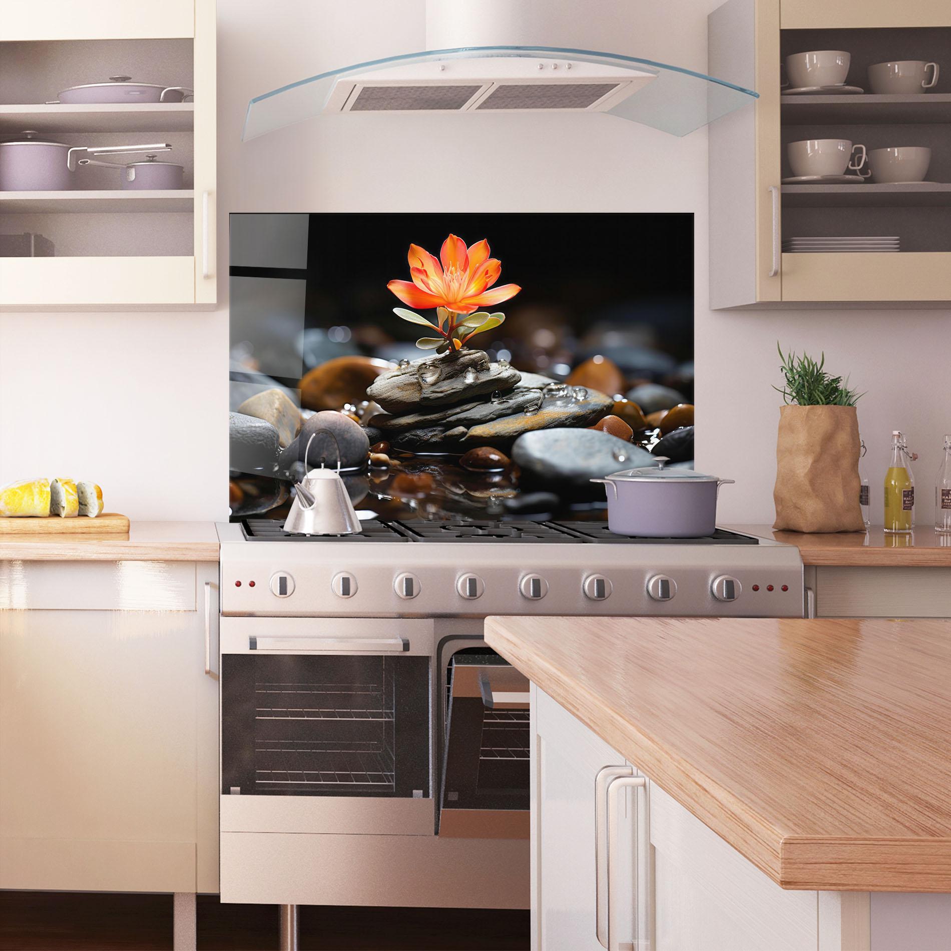 Küchenrückwand Glas Orange Flower Stone mockup 1