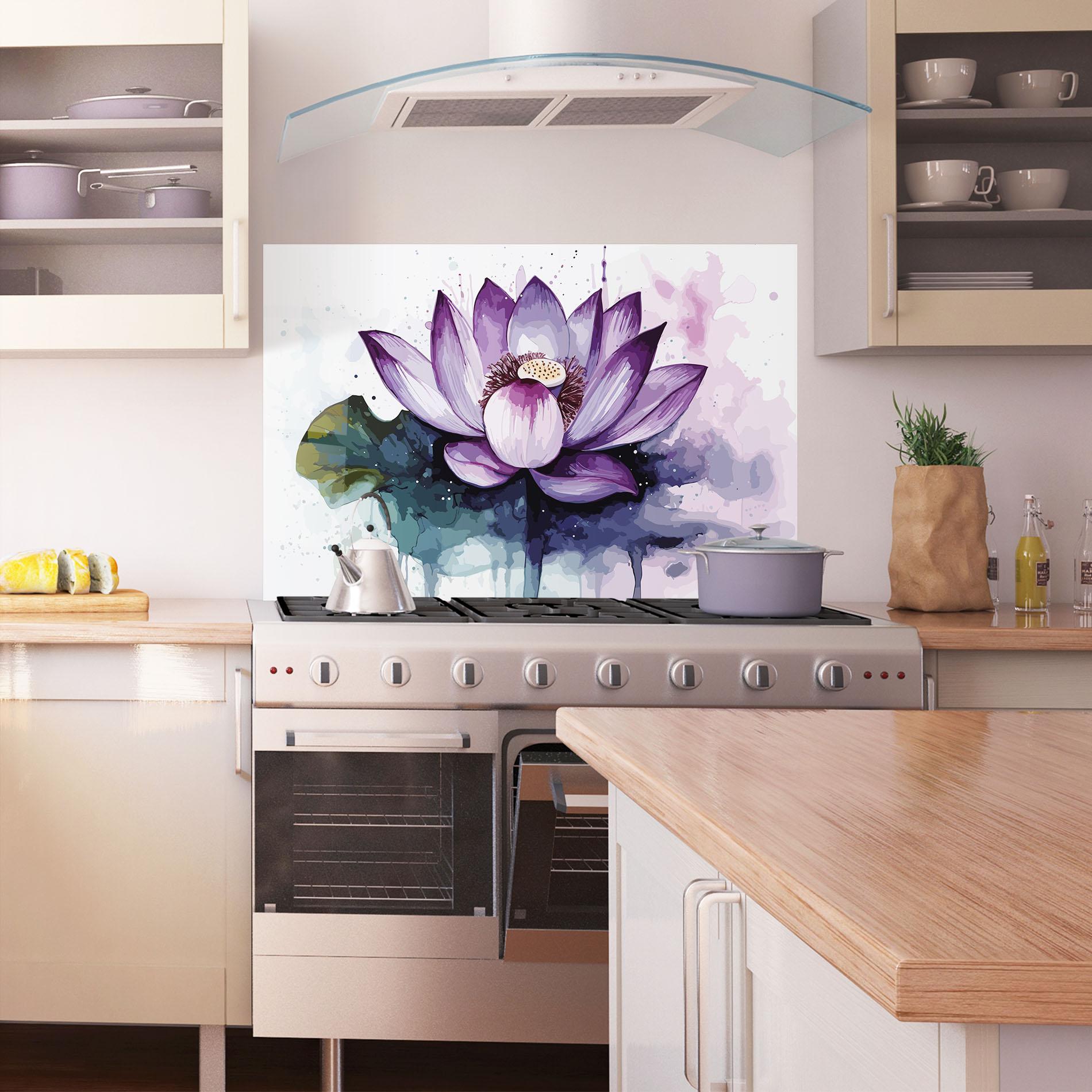 Küchenrückwand Glas Purple Lotus Art mockup 1