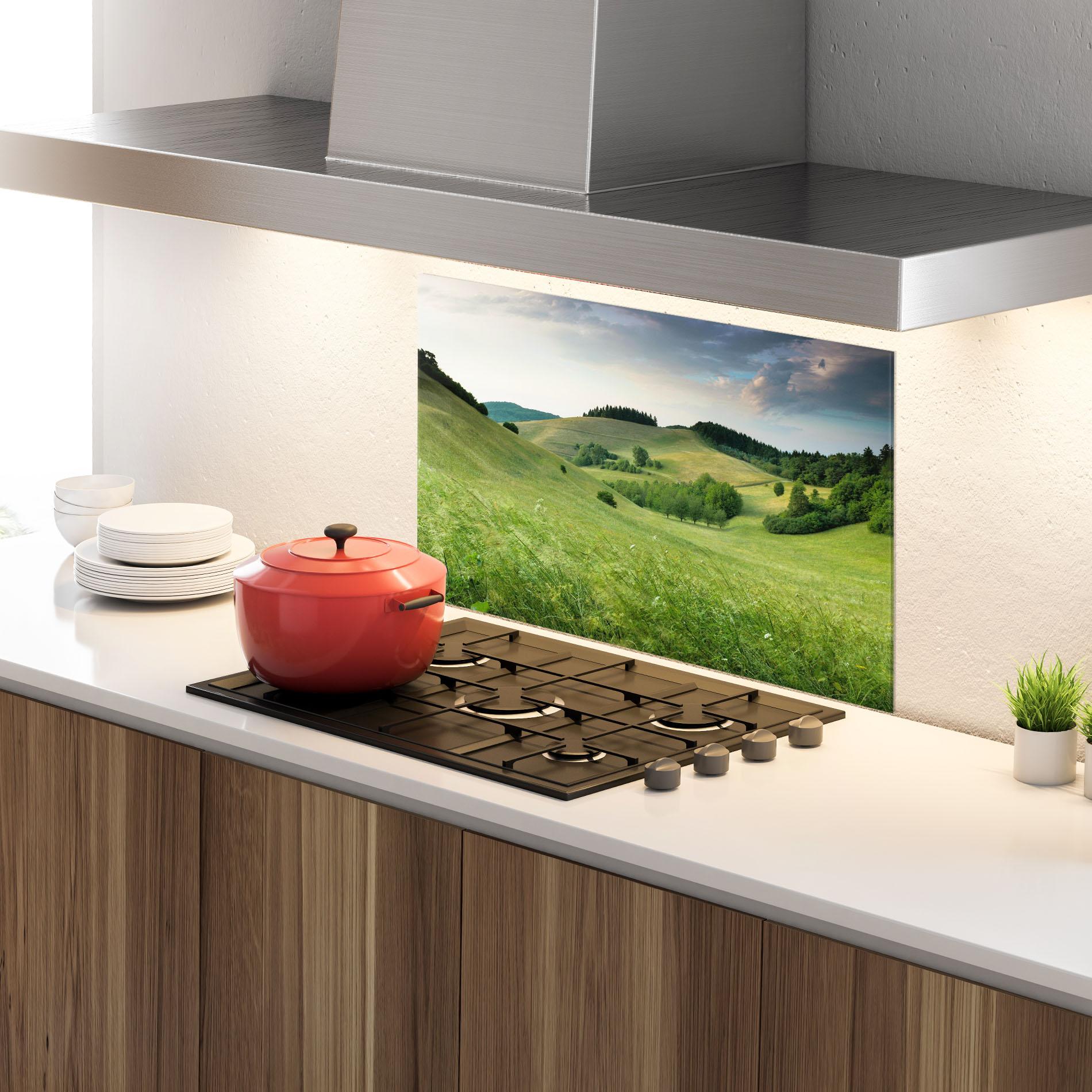 Küchenrückwand Glas Green Field View mockup 4