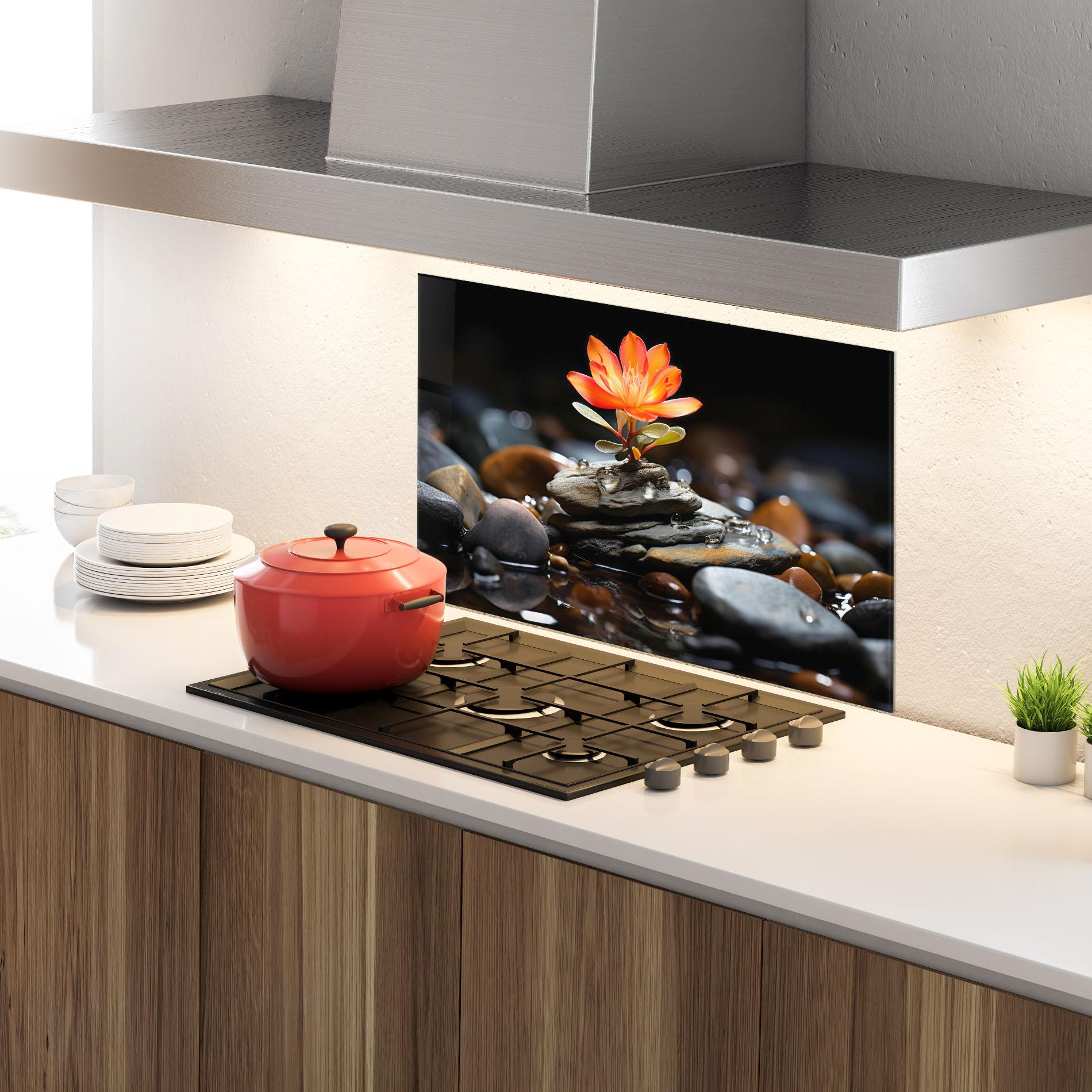 Küchenrückwand Glas Orange Flower Stone mockup 4