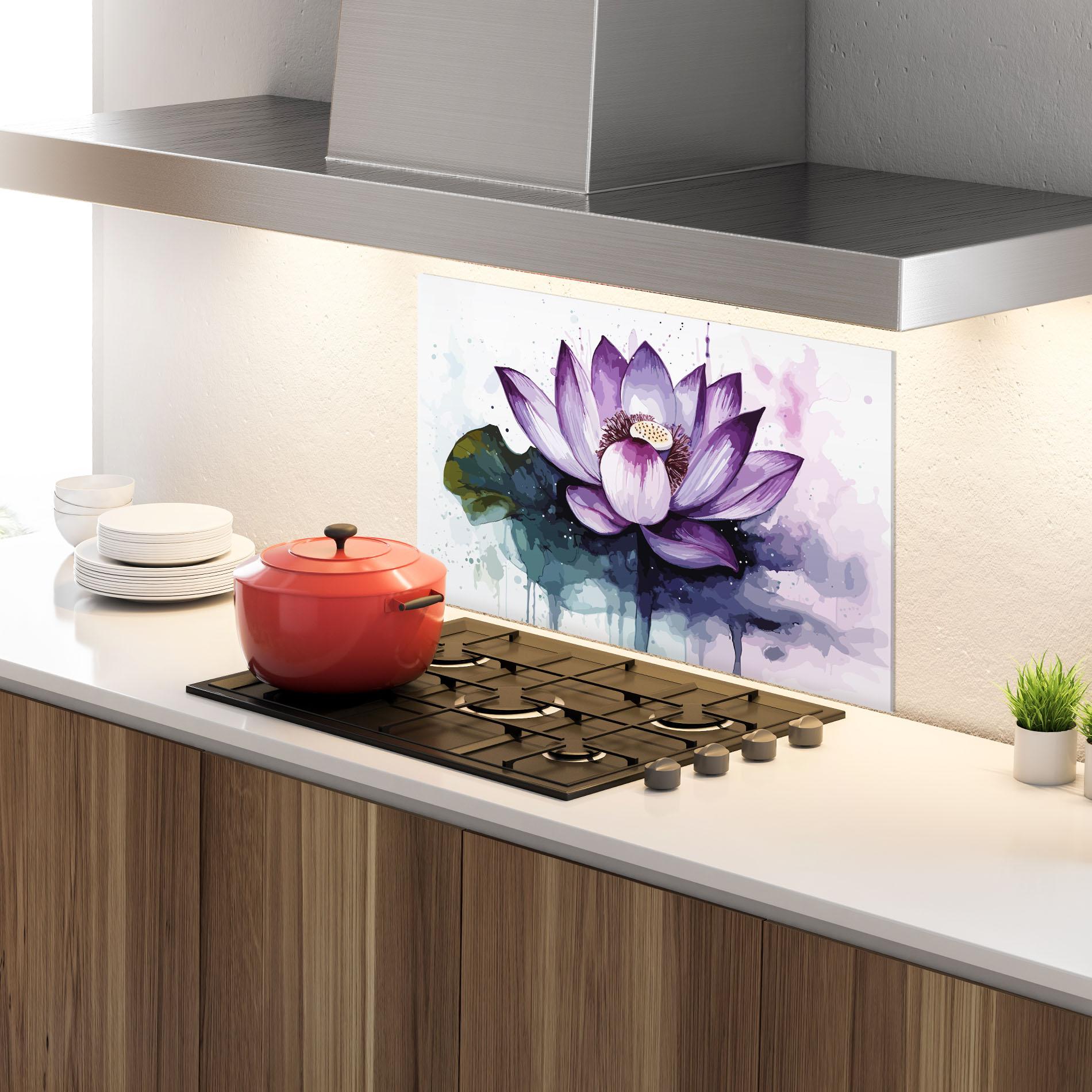 Küchenrückwand Glas Purple Lotus Art mockup 4