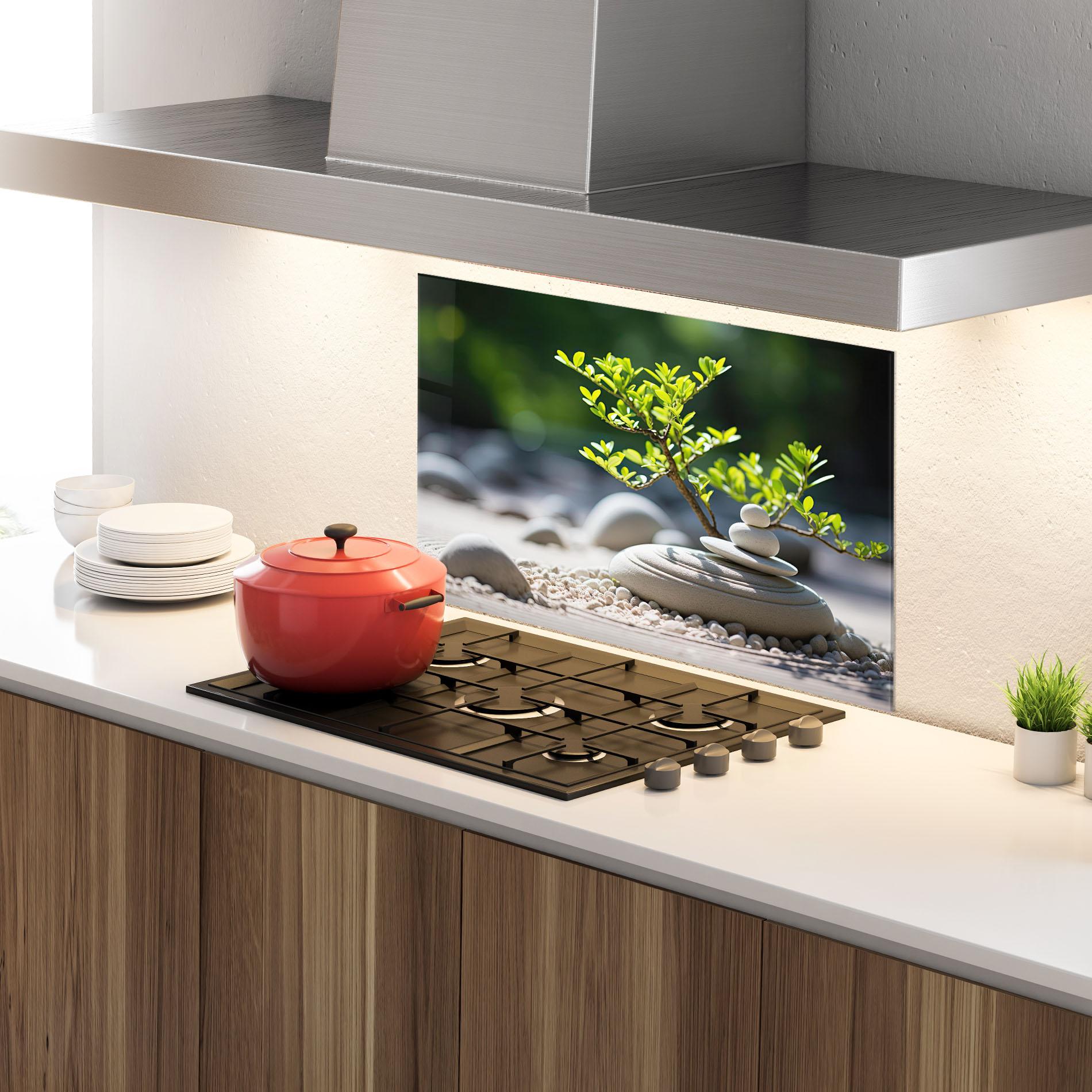 Küchenrückwand Glas White Pebbles Plants mockup 4