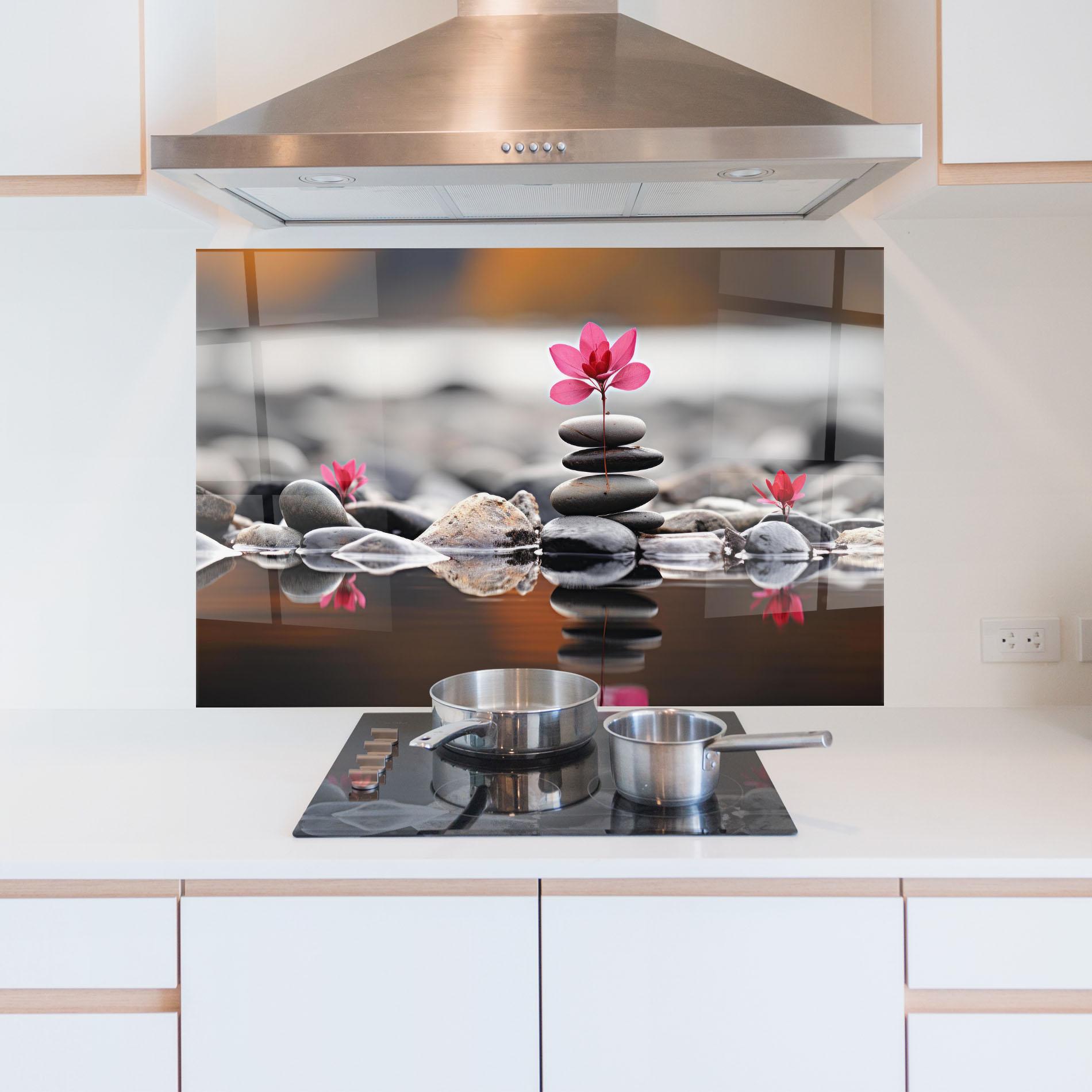 Küchenrückwand Glas Grey Rocks Flower mockup 5