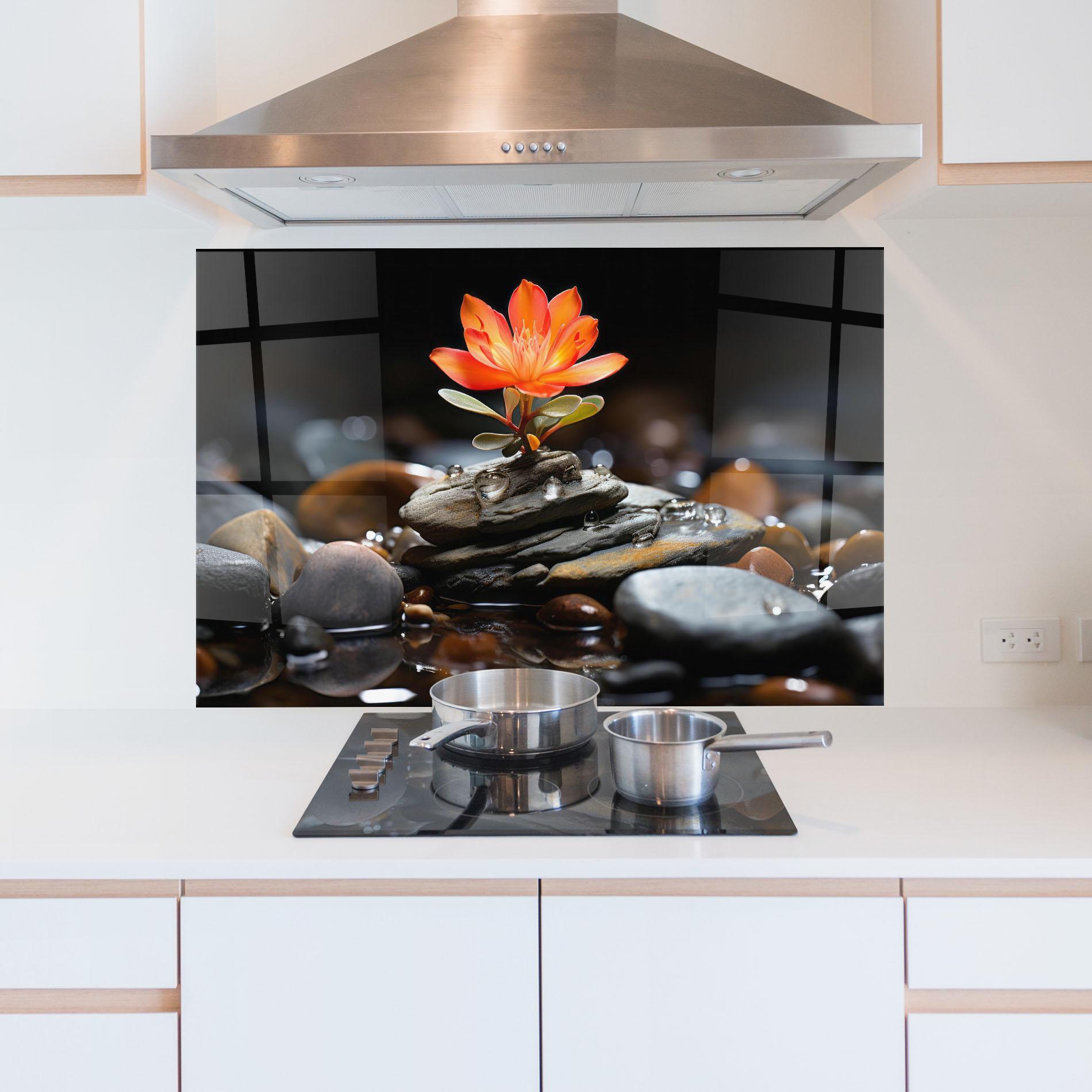 Küchenrückwand Glas Orange Flower Stone mockup 5