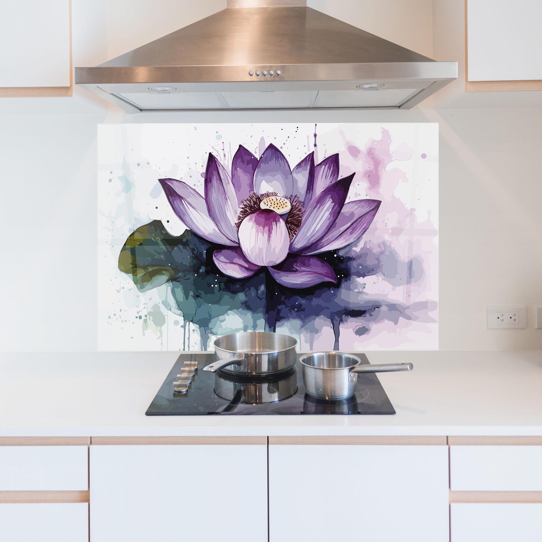 Küchenrückwand Glas Purple Lotus Art mockup 5