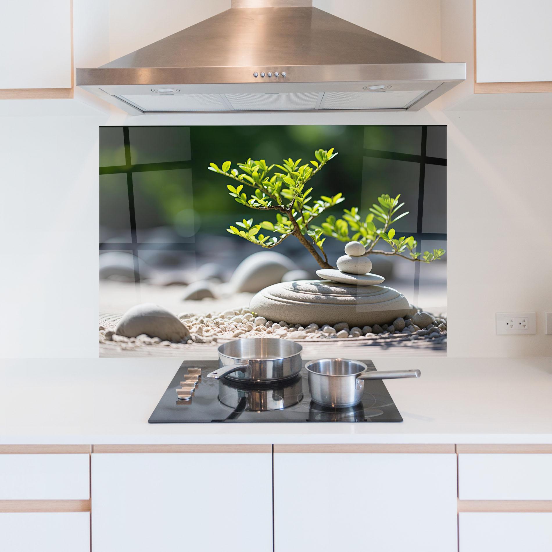 Küchenrückwand Glas White Pebbles Plants mockup 5