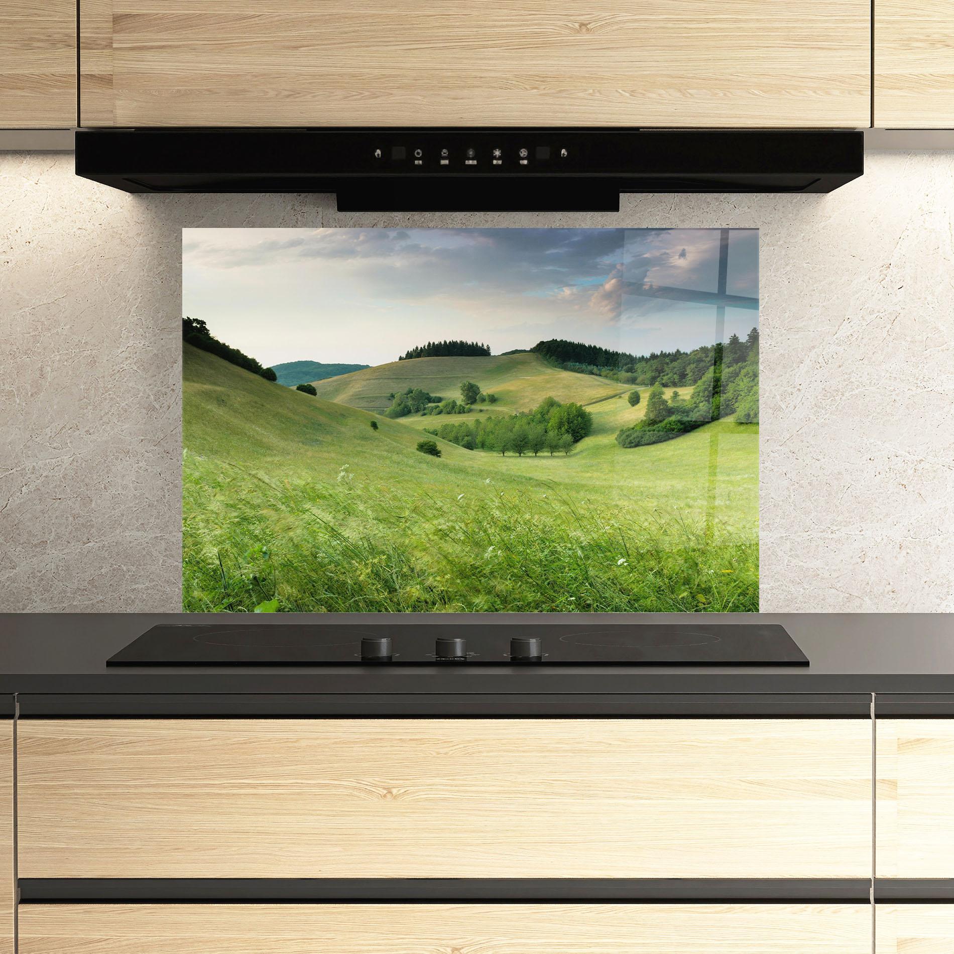 Küchenrückwand Glas Green Field View mockup 3